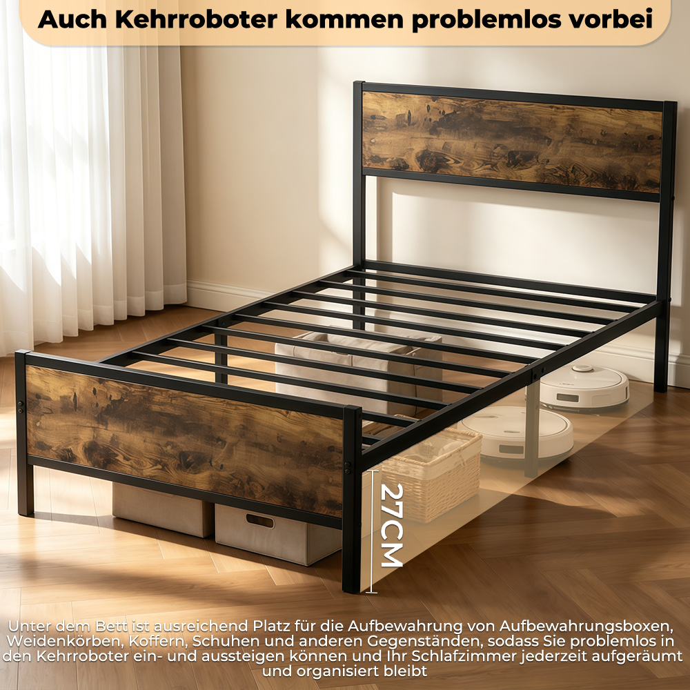 Ein schwarzes Metallbett mit Holzverkleidung und zwei Saugrobotern darunter.