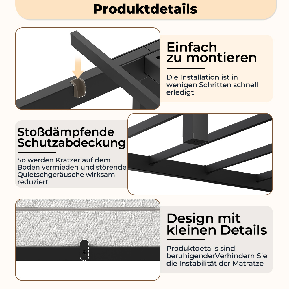 Produktübersicht mit Details zur Montage, Stoßdämpfung und Design.