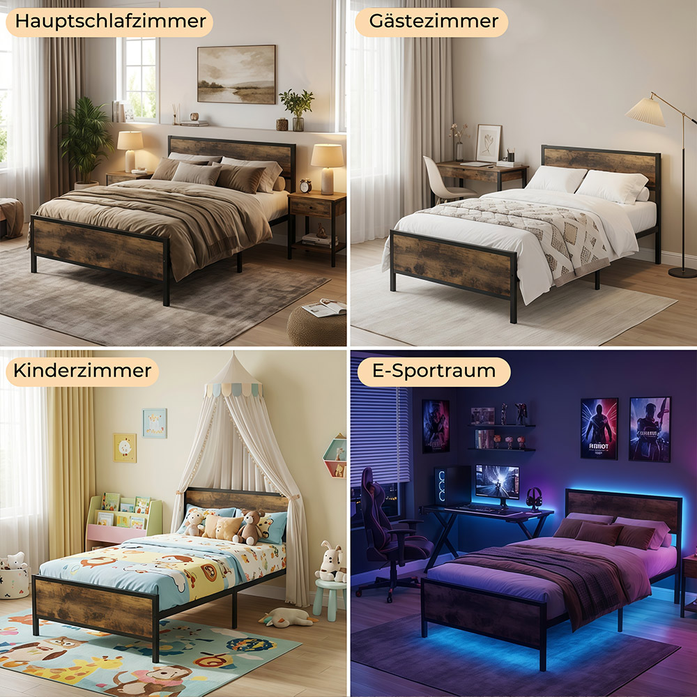 Vier Schlafzimmer eingerichtet mit Holz-Metall-Betten: Haupt-, Gäste-, Kinder- und E-Sportraum.