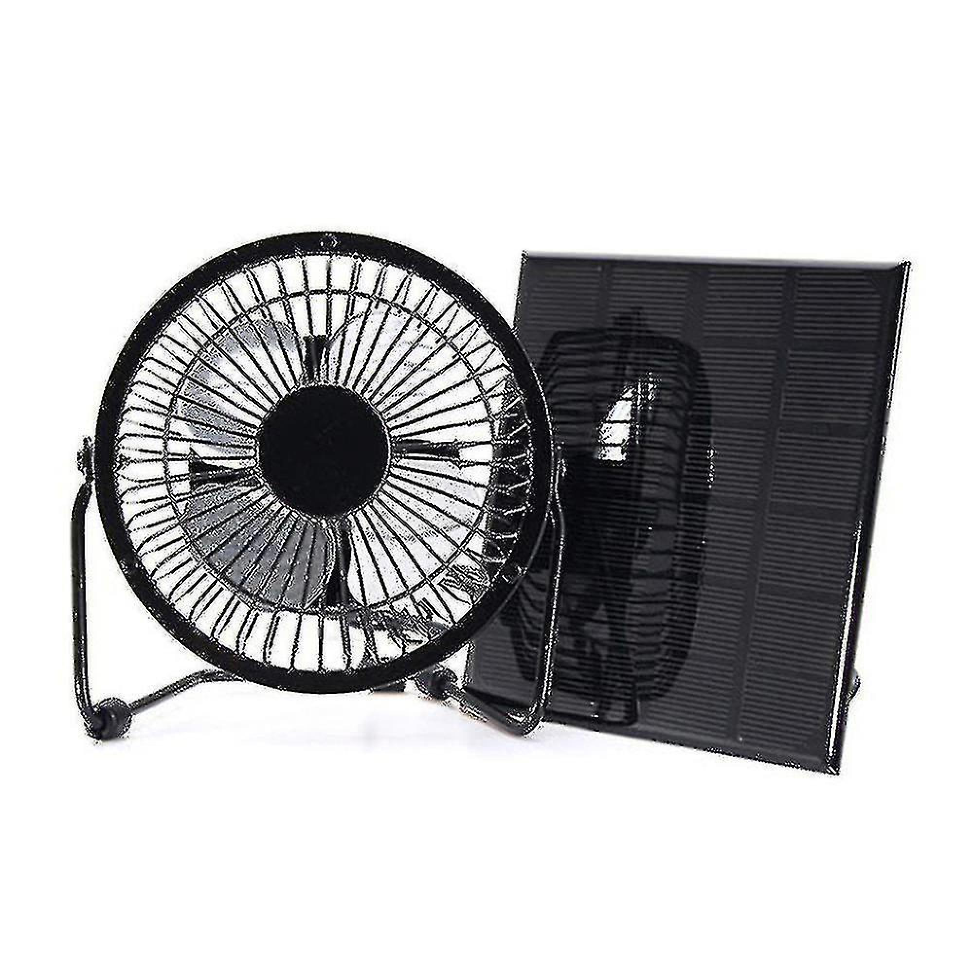 Ein schwarzer Tischventilator mit Solarpanel auf weißem Hintergrund.