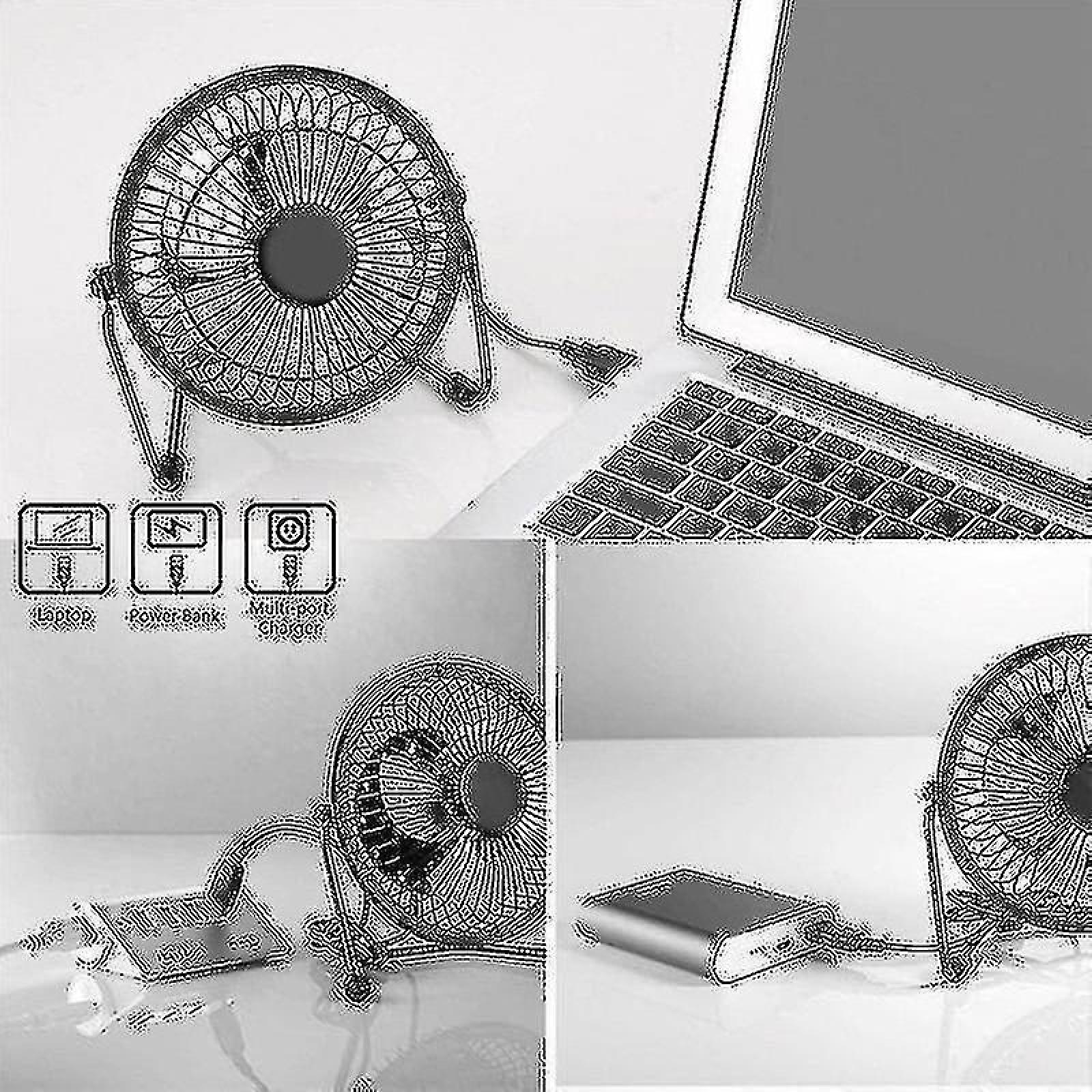 Ein kleiner Ventilator neben einem Laptop und einer Powerbank.