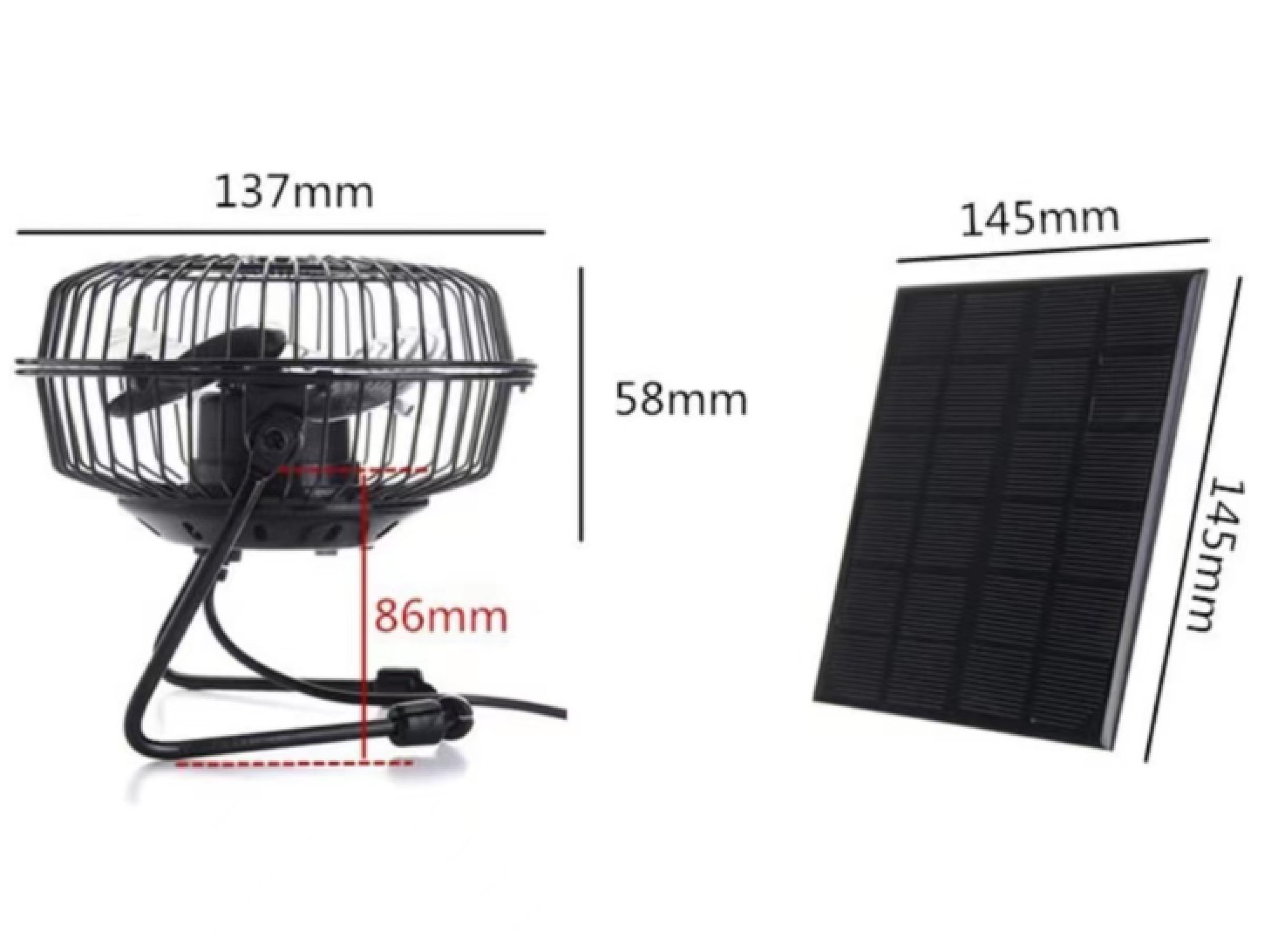 Ein schwarzer Lüfter mit Metallgitter und ein schwarzes Solarpanel nebeneinander.