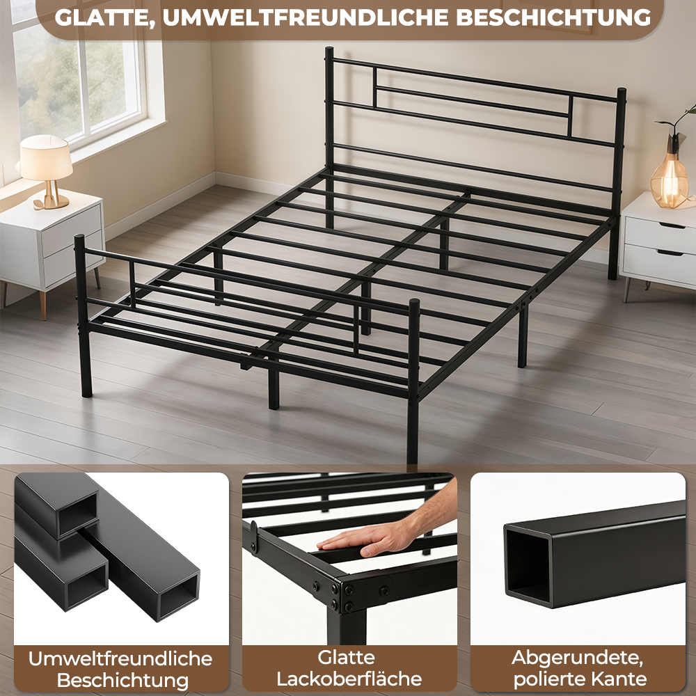Schwarzer Metall-Bettrahmen mit Kopfteil, Nachttischen und Fenster.