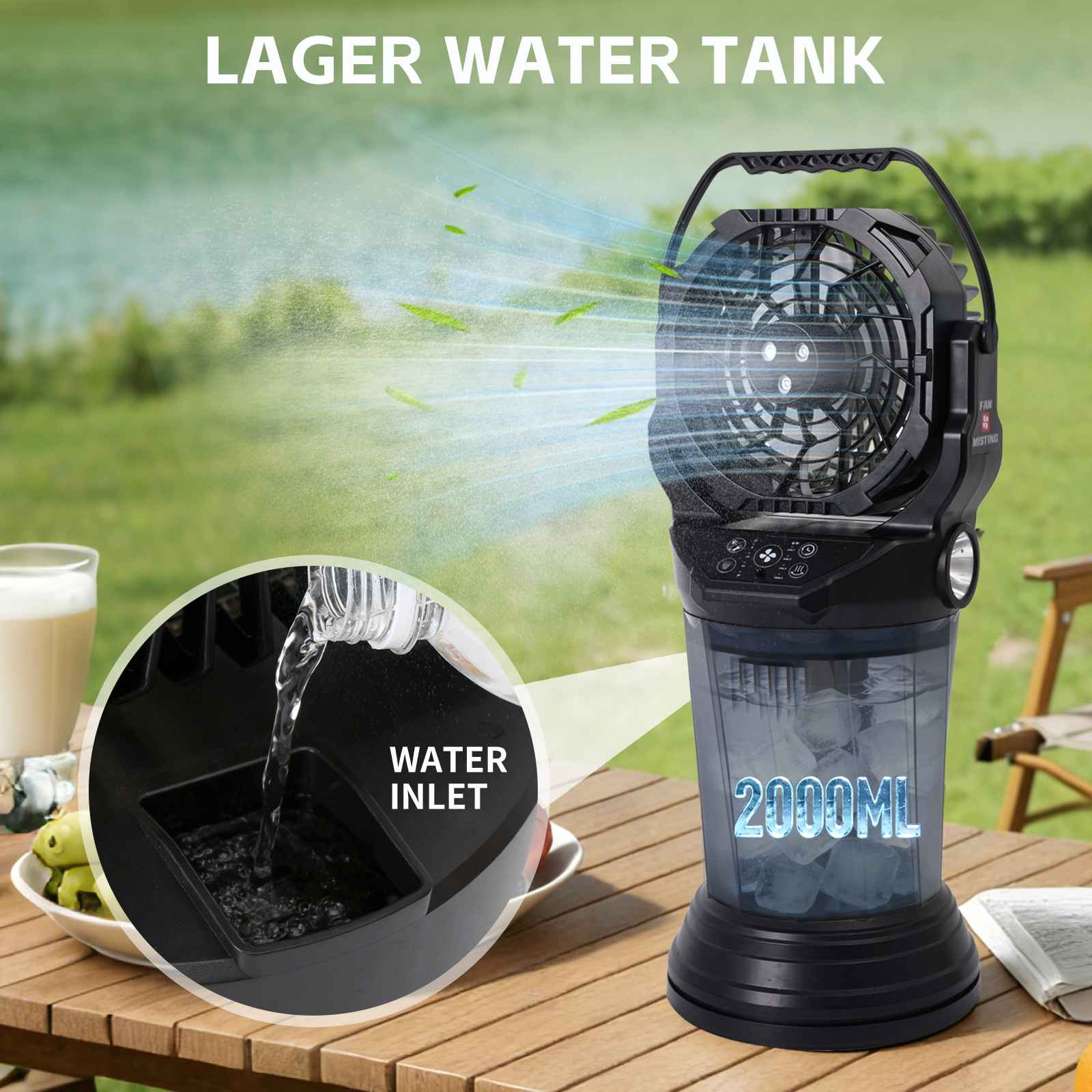 Ein tragbarer Lüfter mit Wassertank und Eis kühlt und sprüht Wassernebel.
