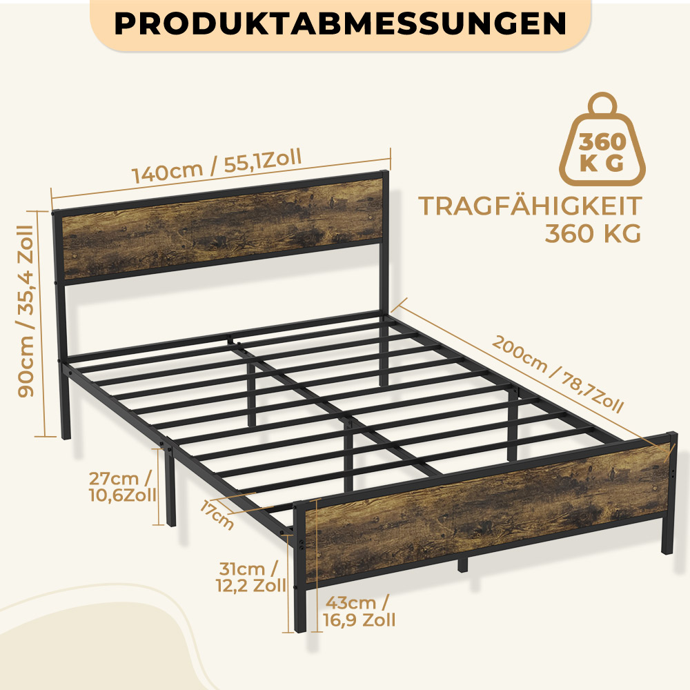 Brauner Holz- und schwarzer Metall-Bettrahmen mit Maßen.