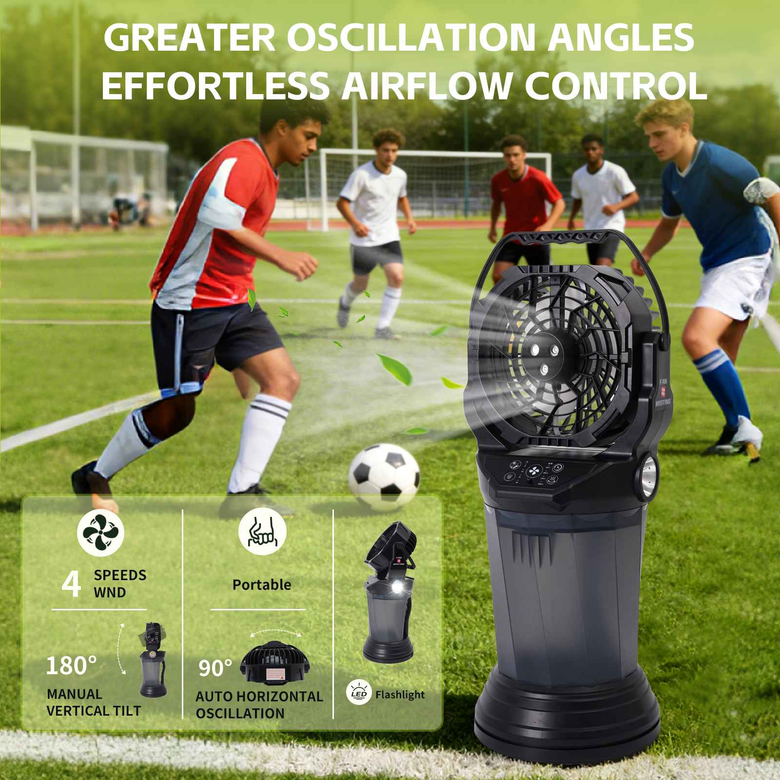 Ein tragbarer Ventilator mit 4 Geschwindigkeiten steht auf einem Fußballfeld.