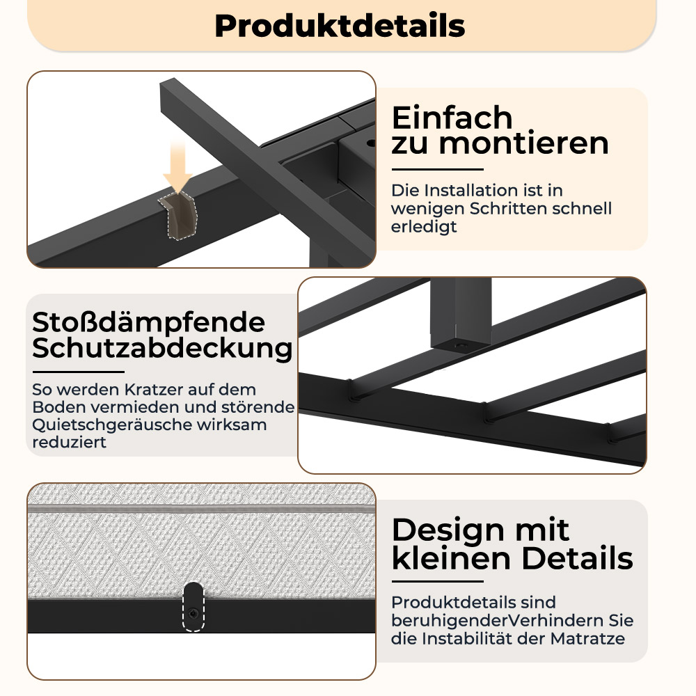 Produktübersicht mit Details zu Montage, Schutzabdeckung und Design.
