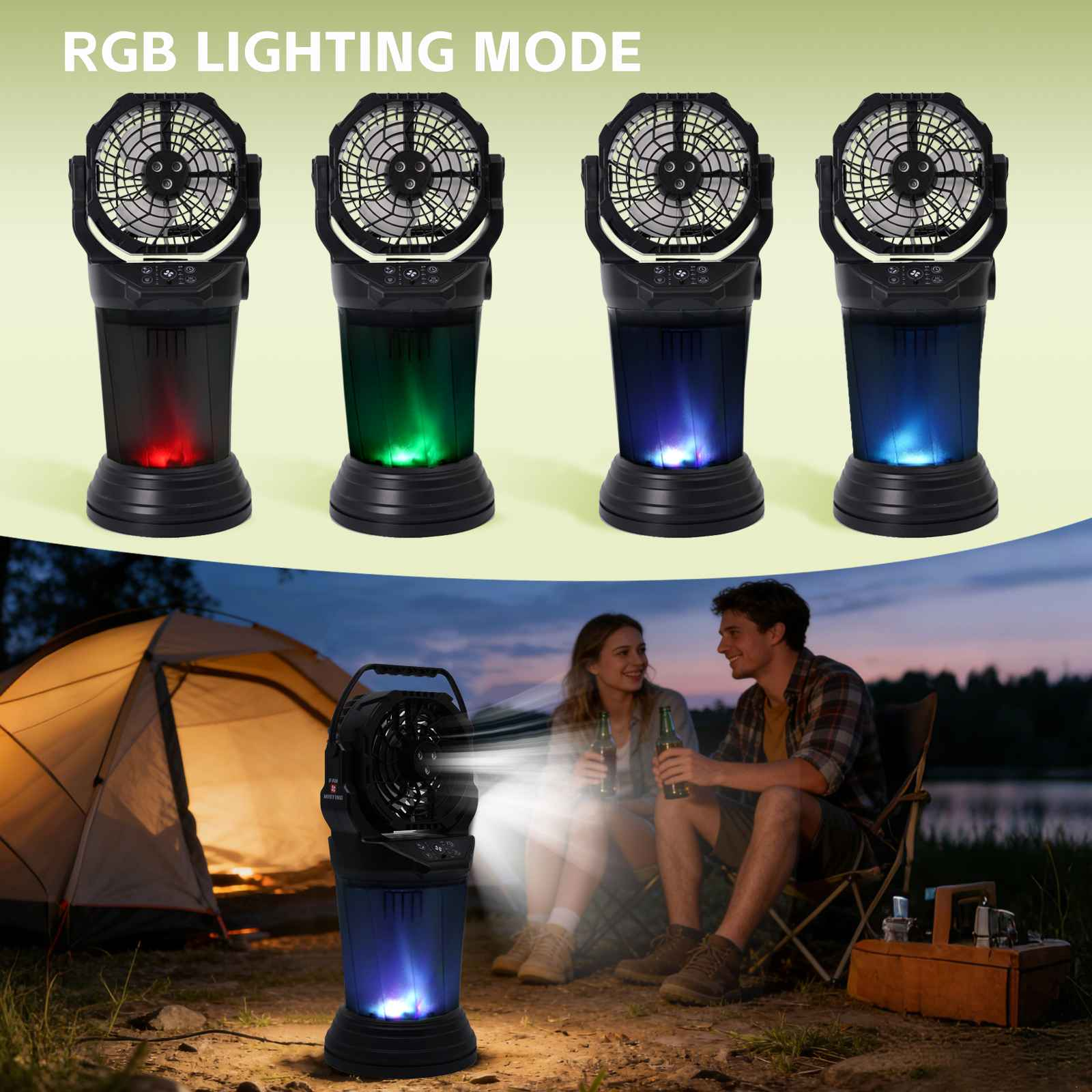 Vier Lüfter mit RGB-Beleuchtungsmodi und ein Paar, das nachts beim Camping ist.