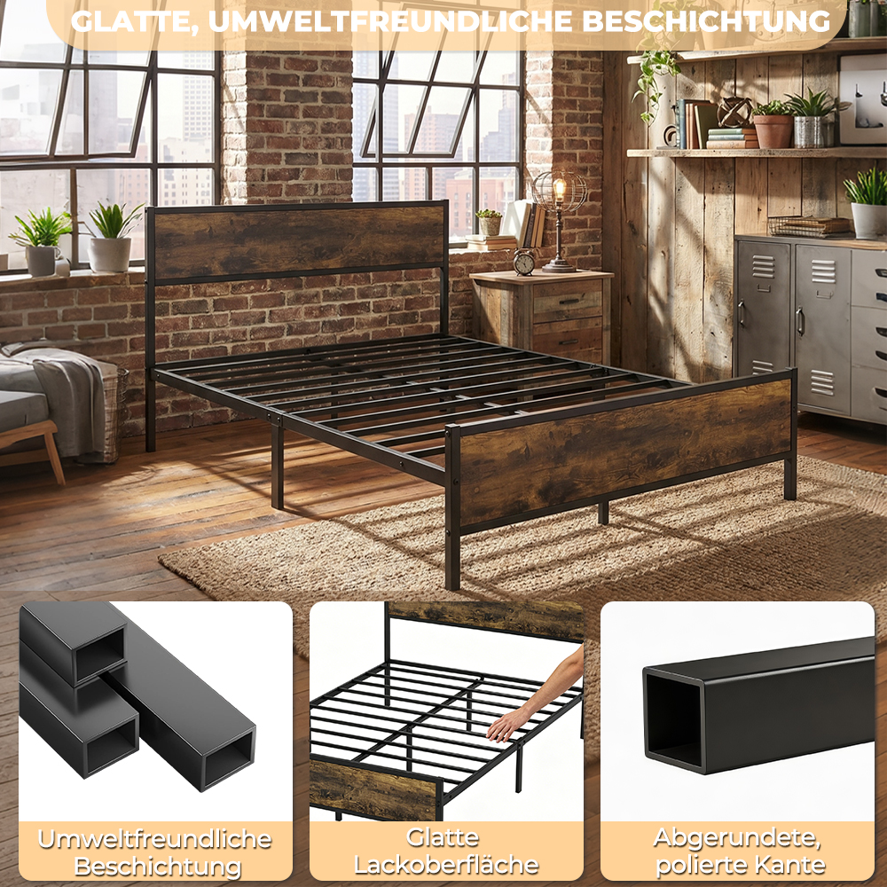 Metallbettgestell mit Holzoptik im Schlafzimmer, mit Detailaufnahmen.