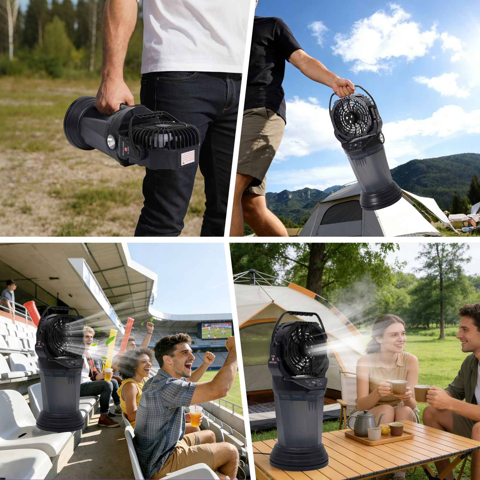 Ein Mann hält einen schwarzen tragbaren Ventilator mit Beleuchtung im Freien.