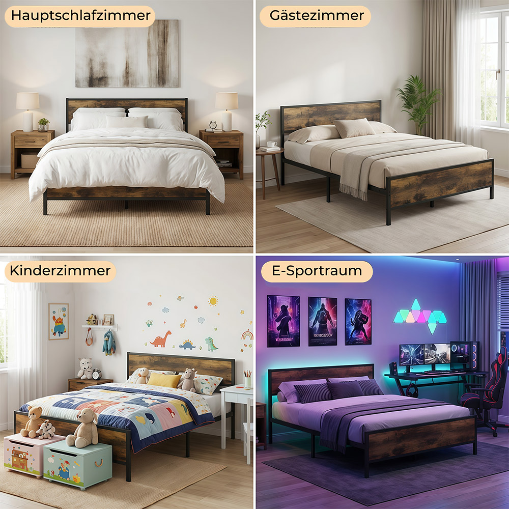 Vier Schlafzimmer-Szenarien: Hauptschlafzimmer, Gästeschlafzimmer, Kinderzimmer, E-Sport-Raum.