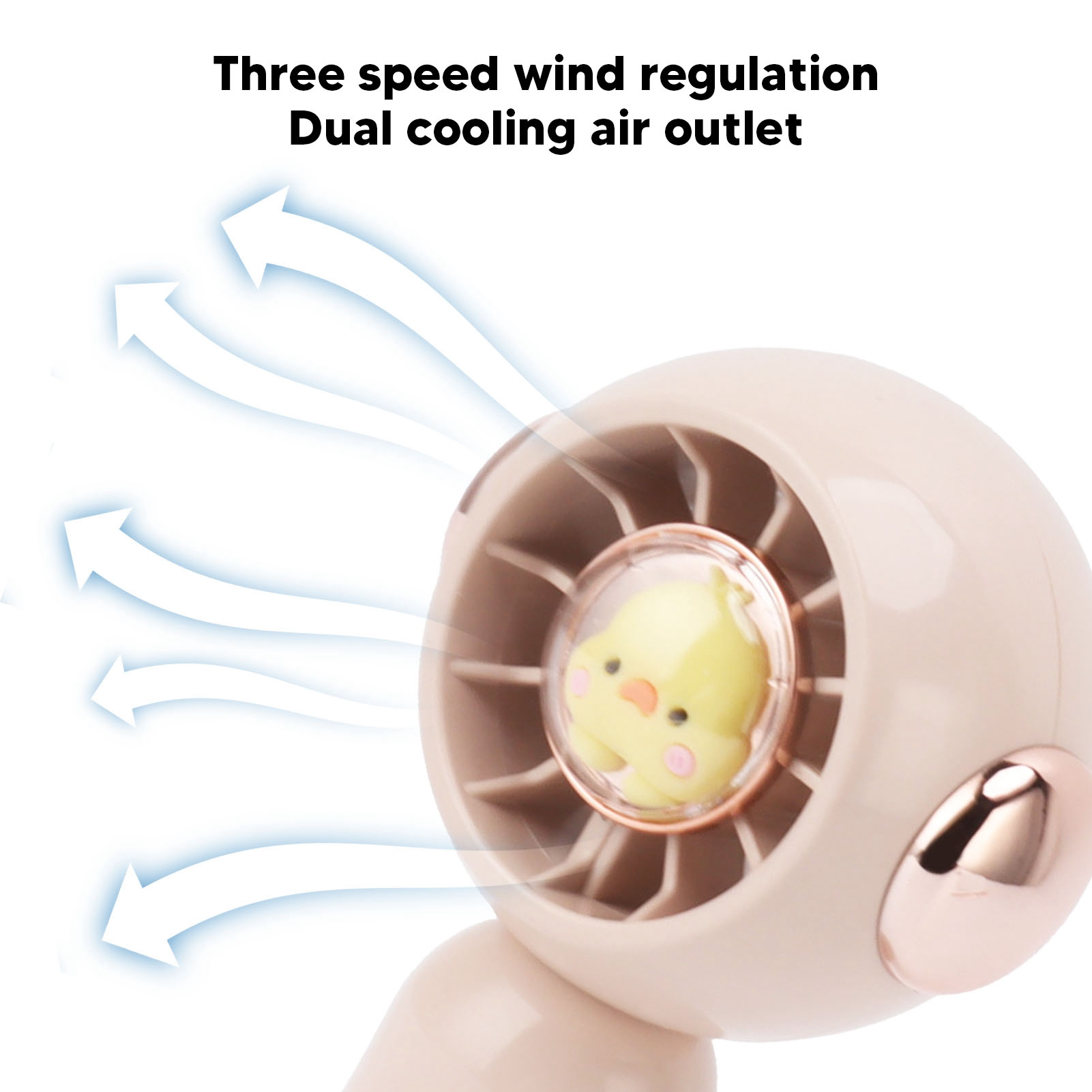 Ein kleiner Ventilator mit Küken-Dekor und Luftstrompfeilen.