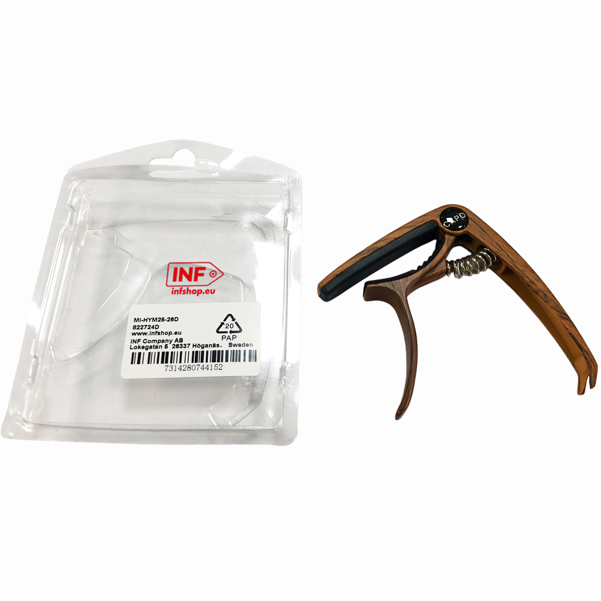 Ein hölzerner Gitarren-Capo und seine Verpackung.
