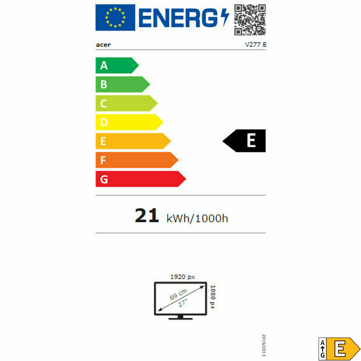 Etichetta energetica monitor Acer V277 E: Classe E, 21 kWh/1000h, 27 pollici, 1920x1080.