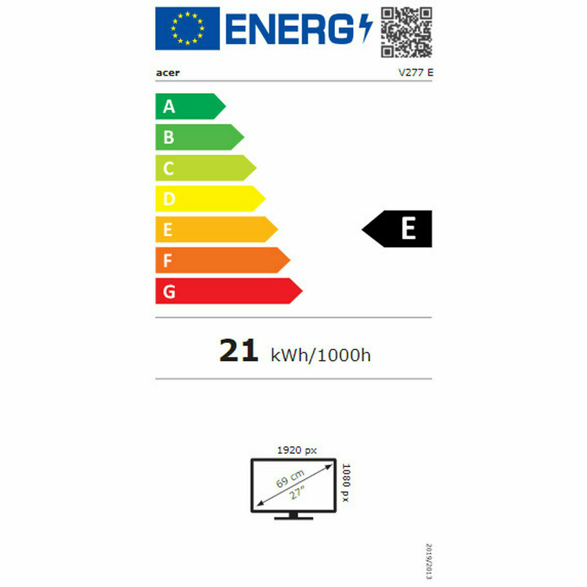 Etichetta energetica monitor Acer V277 E, classe E, 21 kWh/1000h, schermo 27 pollici.