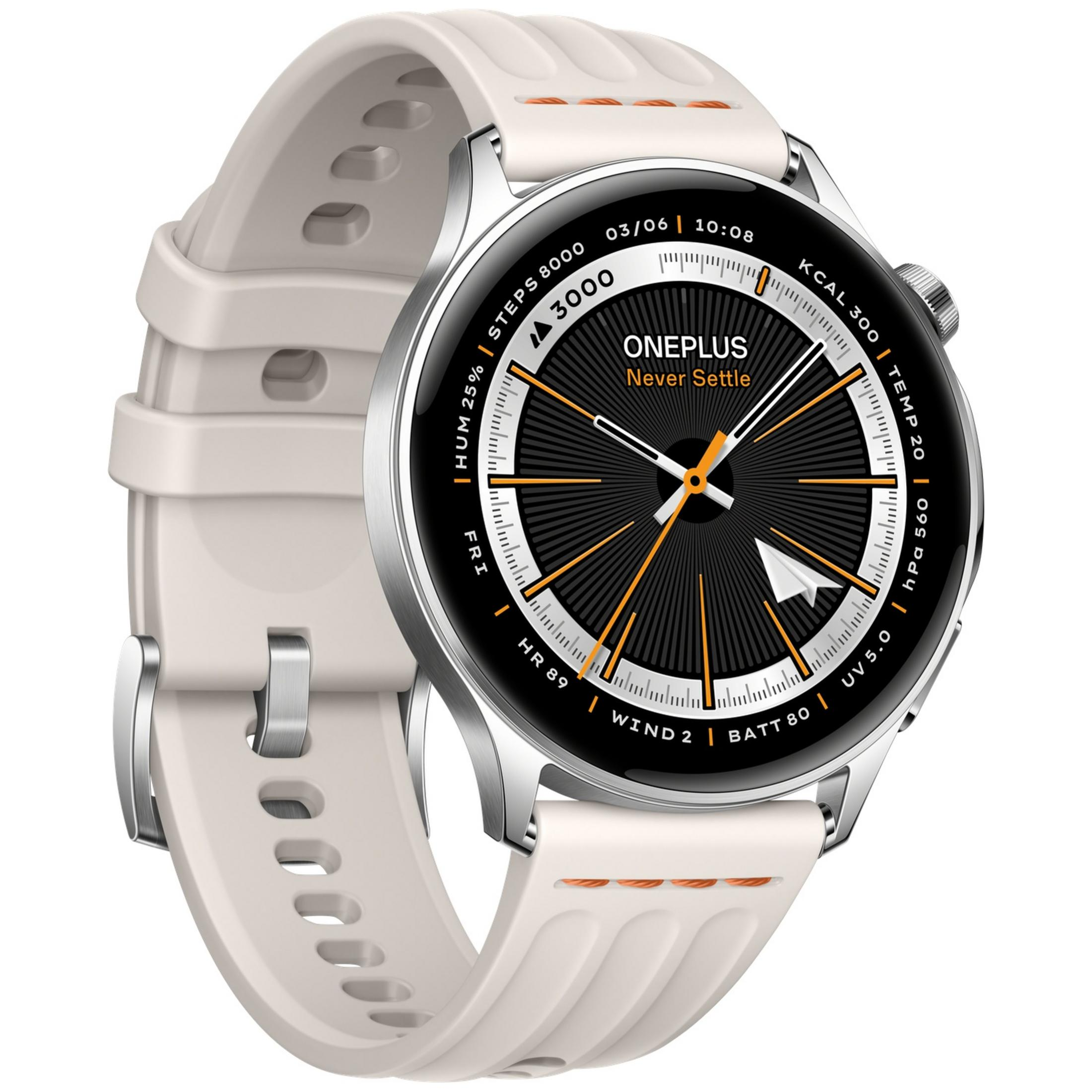 Een witte smartwatch met zilveren kast en zwart wijzerplaat.