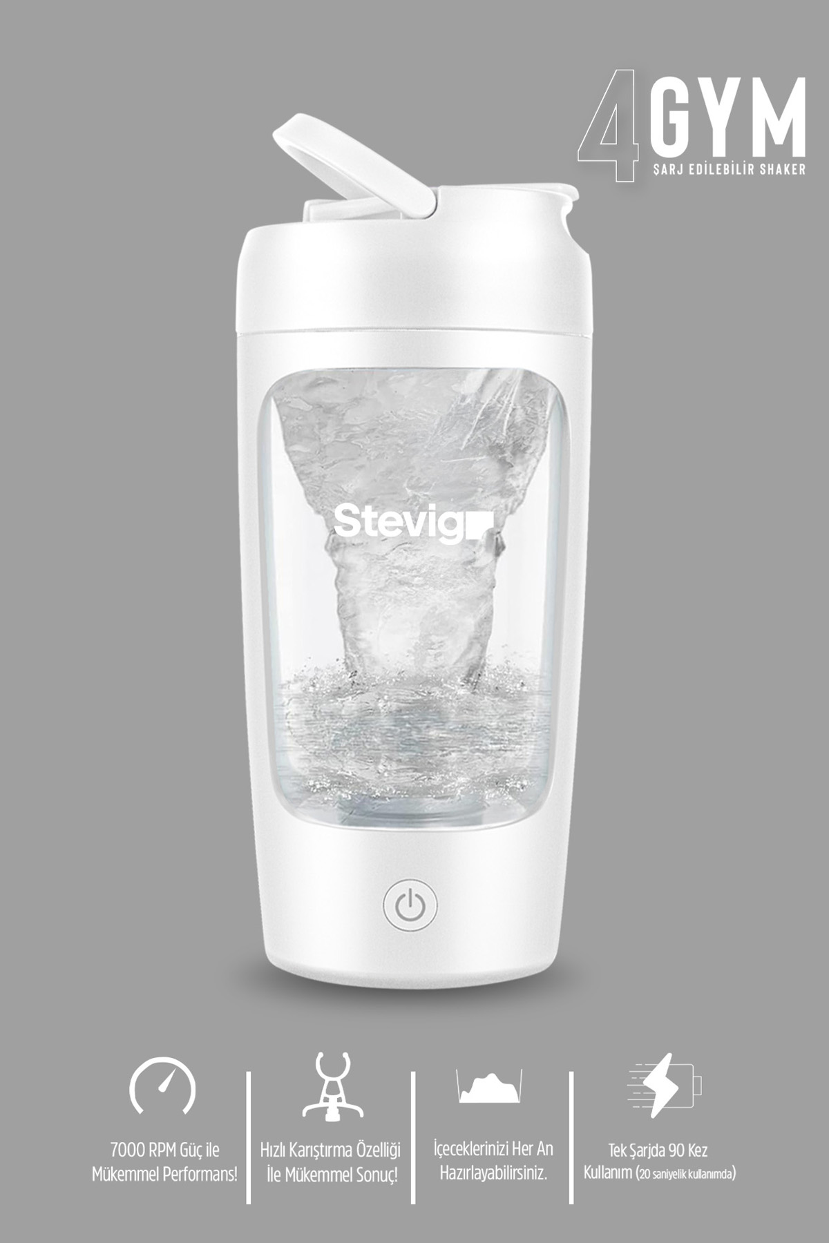 Dönen içerikli ve metinli beyaz şarj edilebilir shaker.