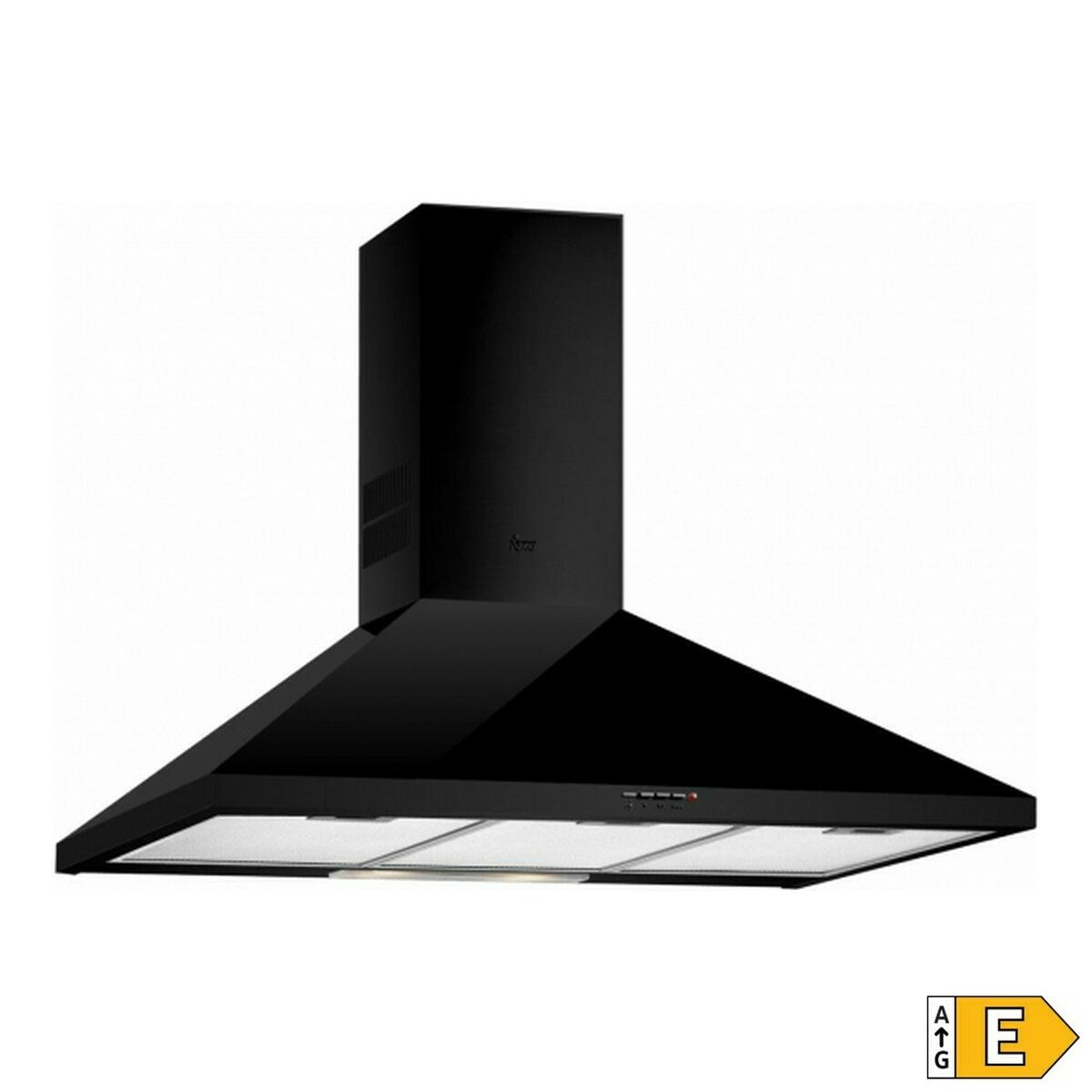 Campana extractora negra con filtro metálico y panel de control.