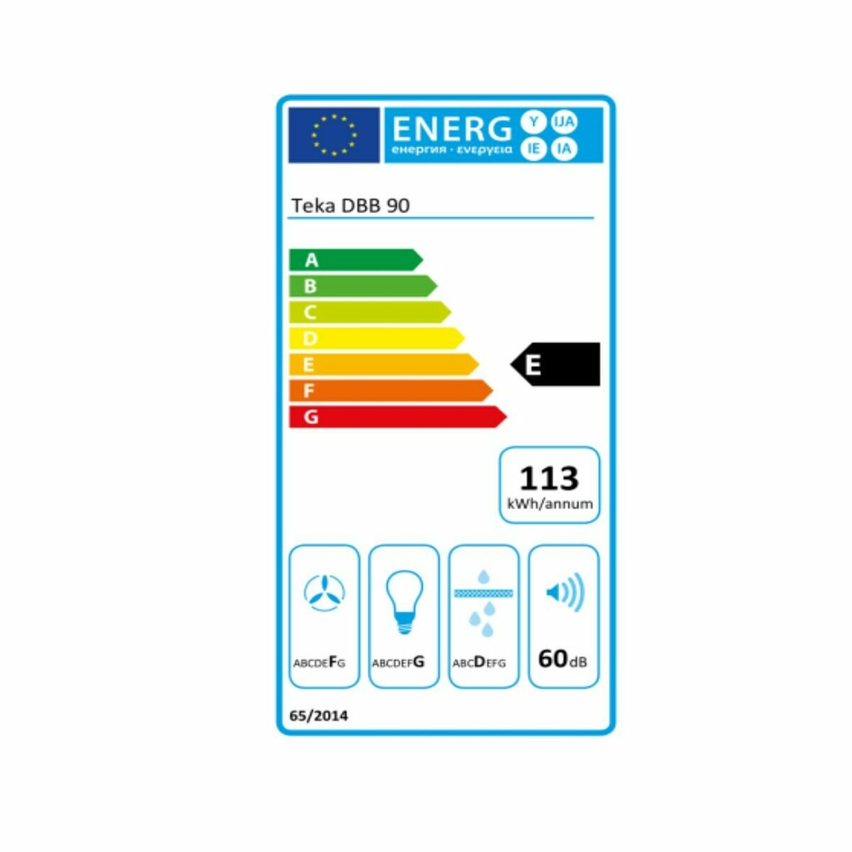 Etiqueta energética para campana Teka DBB 90, clase E, 113 kWh/año.