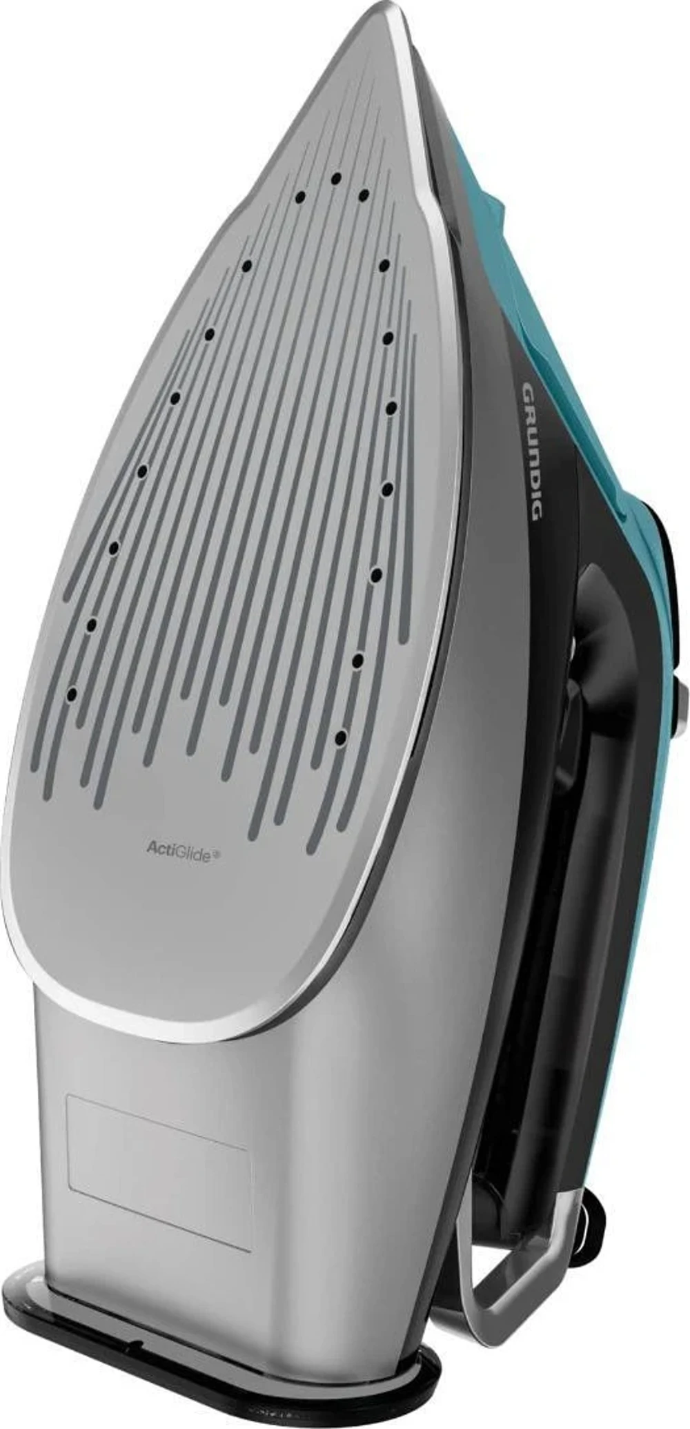 Gümüş tabanlı ve siyah detaylı, turkuaz Grundig buharlı ütü.