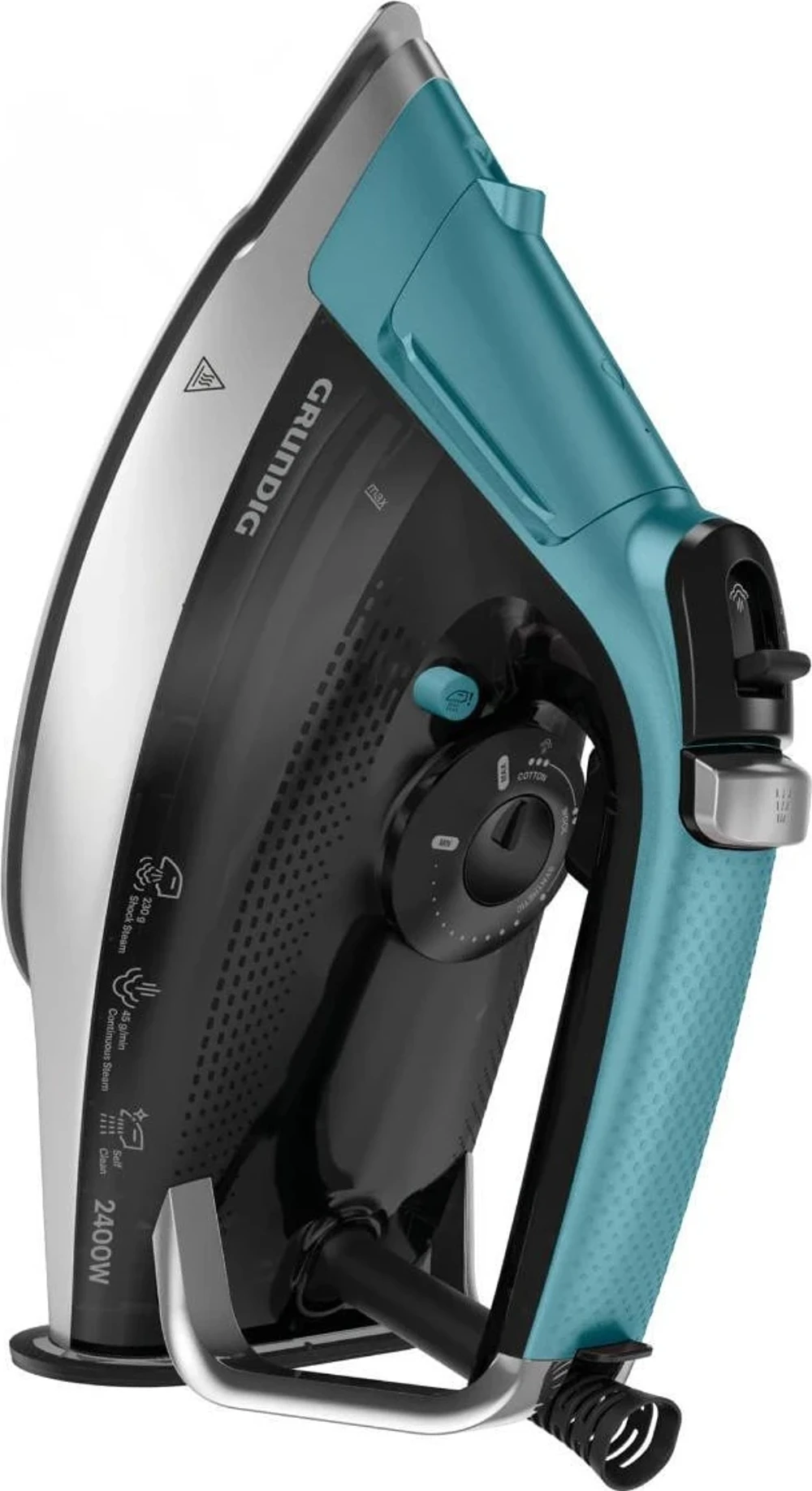 2400W gücünde mavi ve gümüş Grundig buharlı ütü.