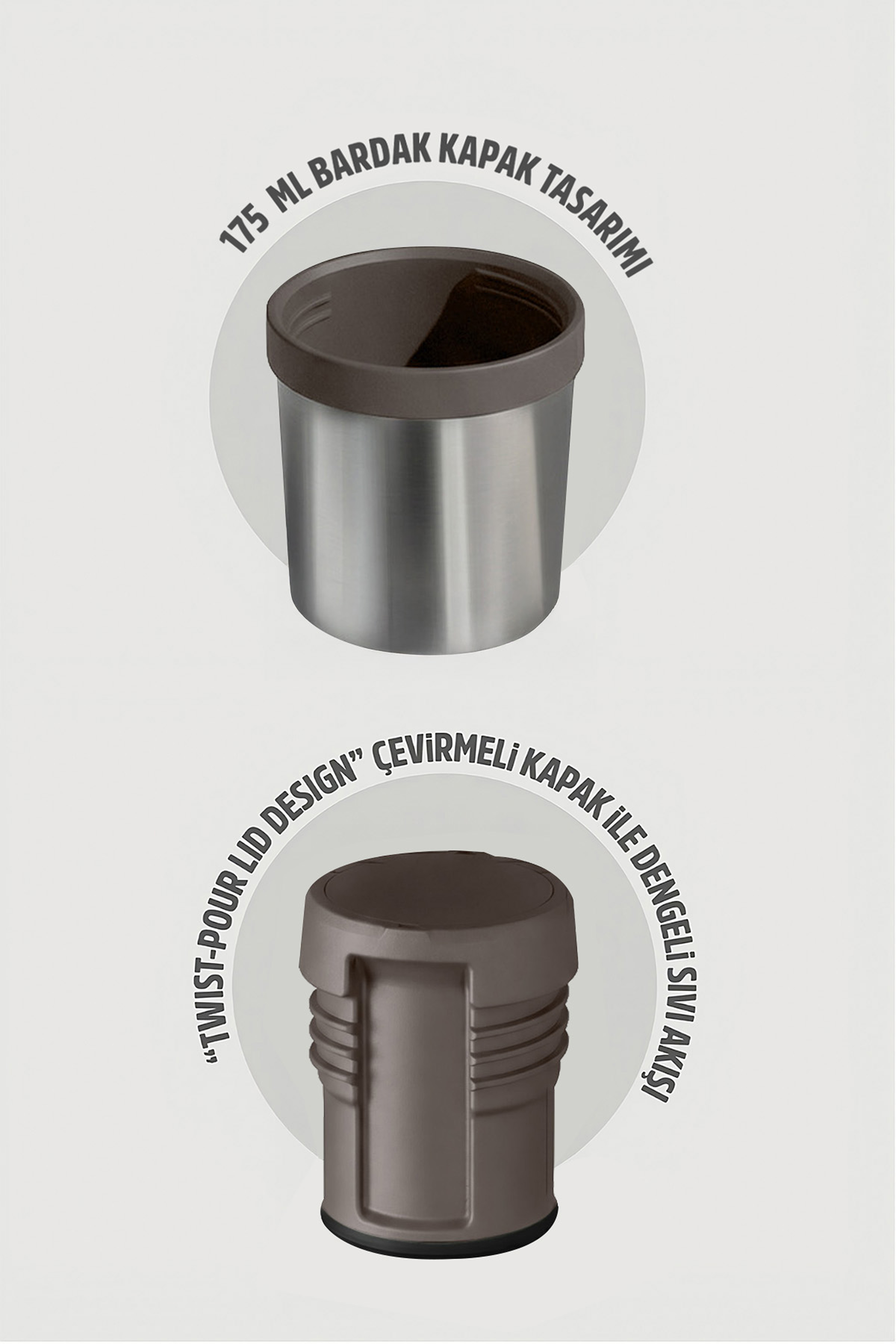 Dengeli sıvı akışı için kahverengi çevirmeli kapaklı 175 ml paslanmaz çelik bardak.