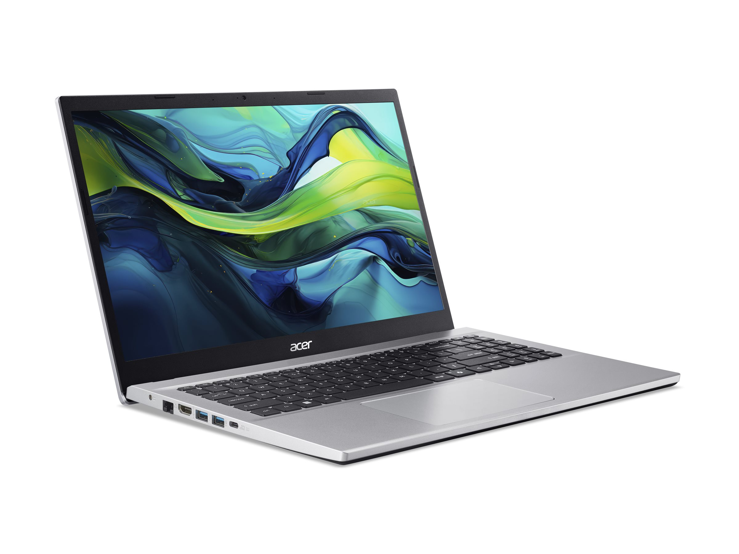 Silberner Acer Laptop geöffnet, zeigt farbenfrohe abstrakte Tapete auf Bildschirm und Tastatur.