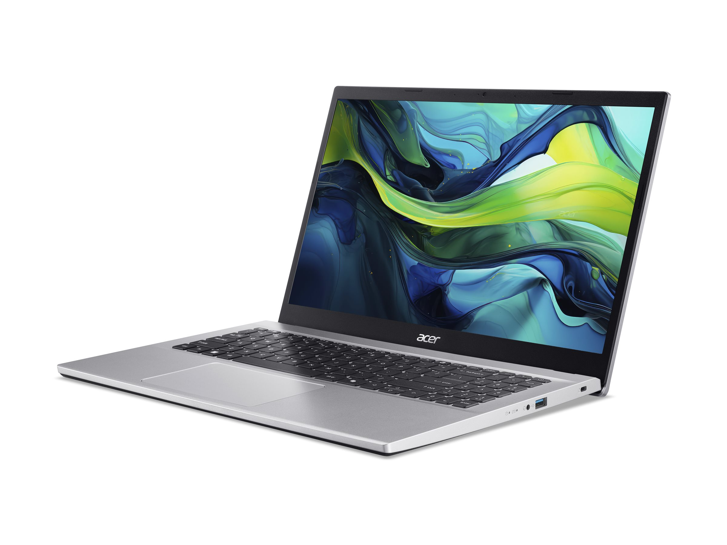 Ein silberner Acer Laptop mit einem bunten Hintergrund auf dem Bildschirm.