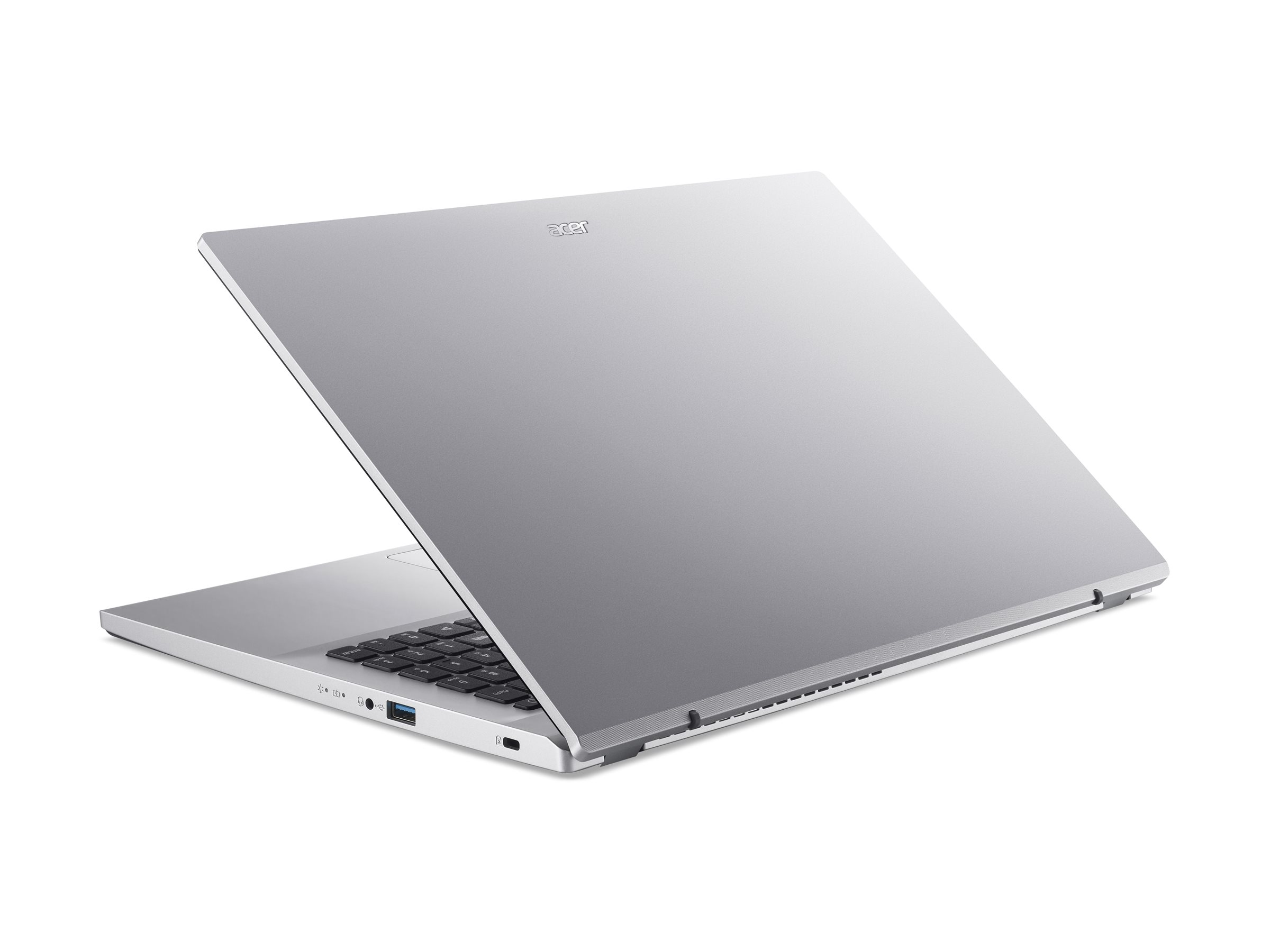 Ein silberner Acer Laptop, von hinten links auf weißem Hintergrund gezeigt.