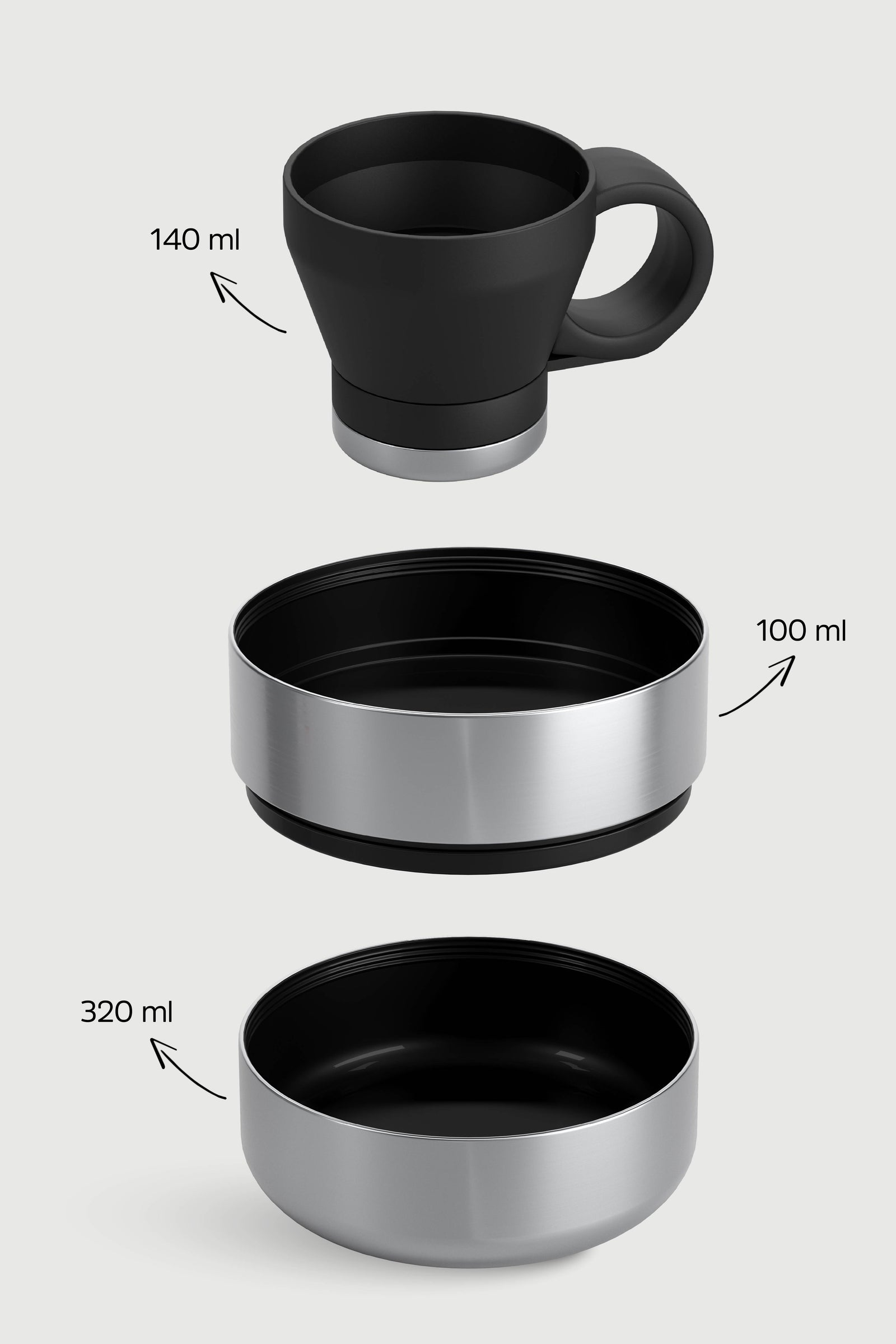 Üç kap: siyah fincan (140 ml), gümüş kutu (100 ml) ve kase (320 ml).