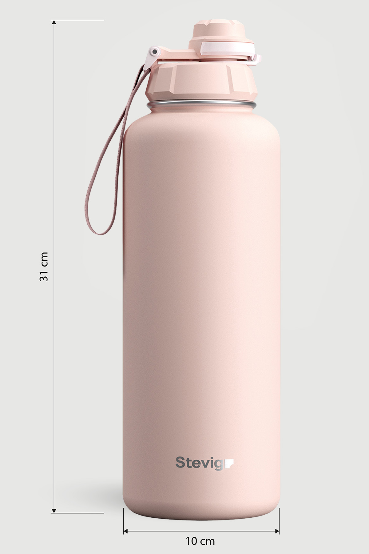 Pembe bir Stevig su şişesi, 31 cm yüksekliğinde ve 10 cm genişliğinde.