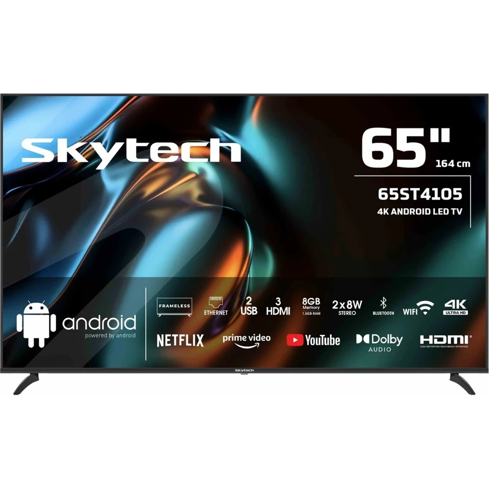 Android logosu ve uygulama simgeleri içeren 65 inç Skytech 4K Android LED TV.
