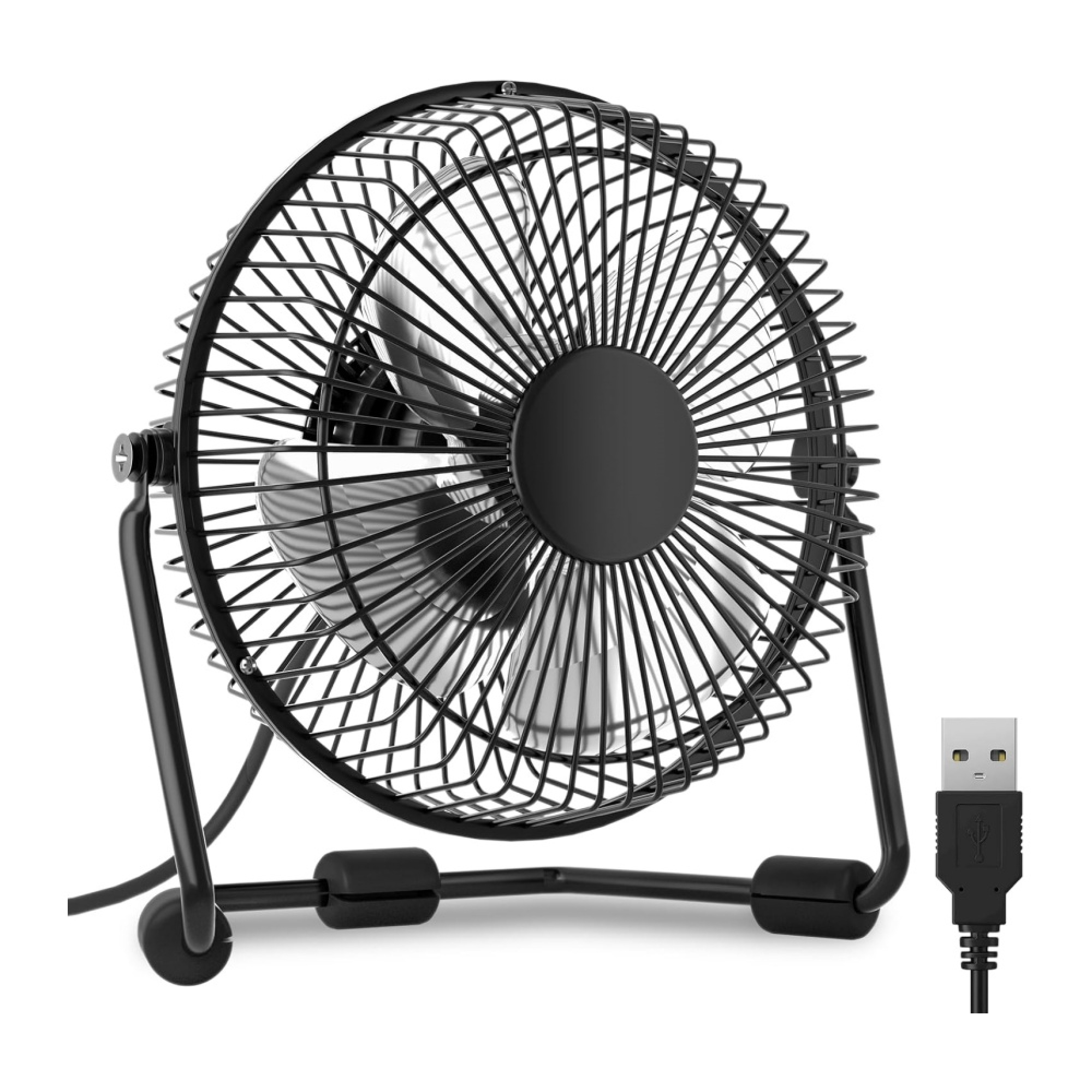 Ein kleiner schwarzer USB-Ventilator mit Metallgitter und USB-Kabel.