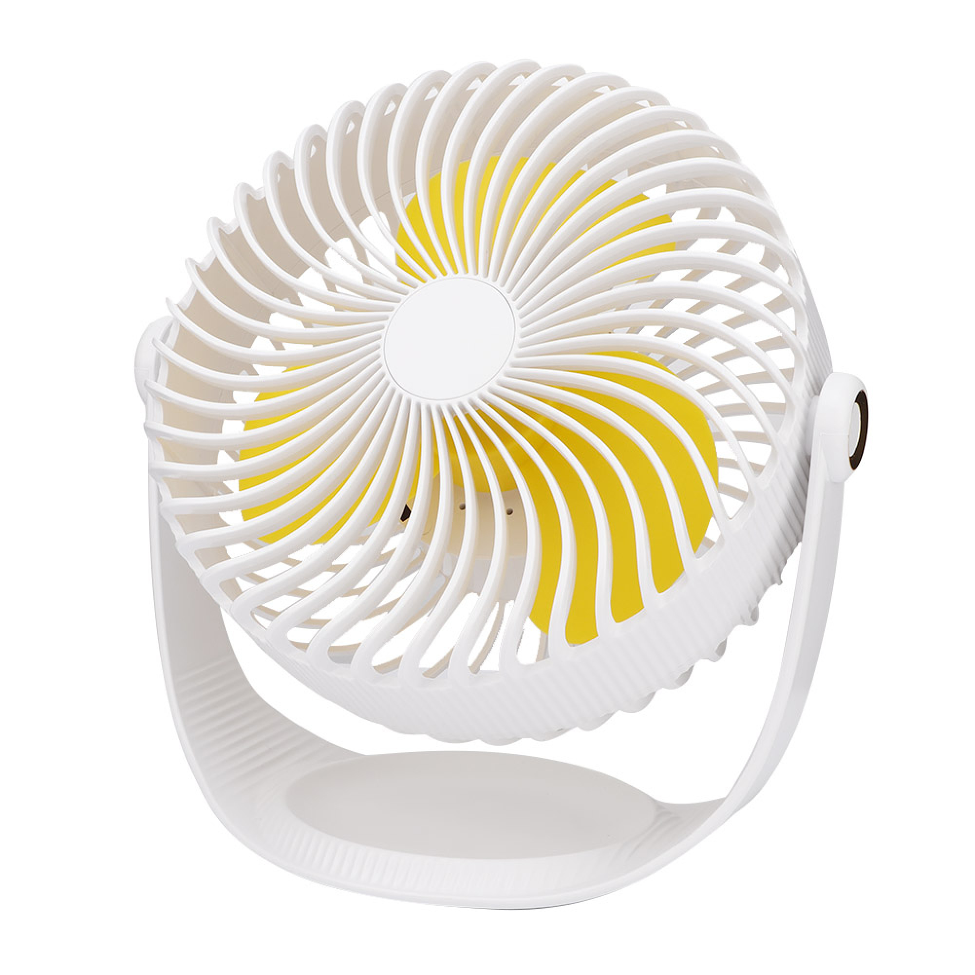 Weißer Tischventilator mit gelben Rotorblättern und weißem Schutzgitter.