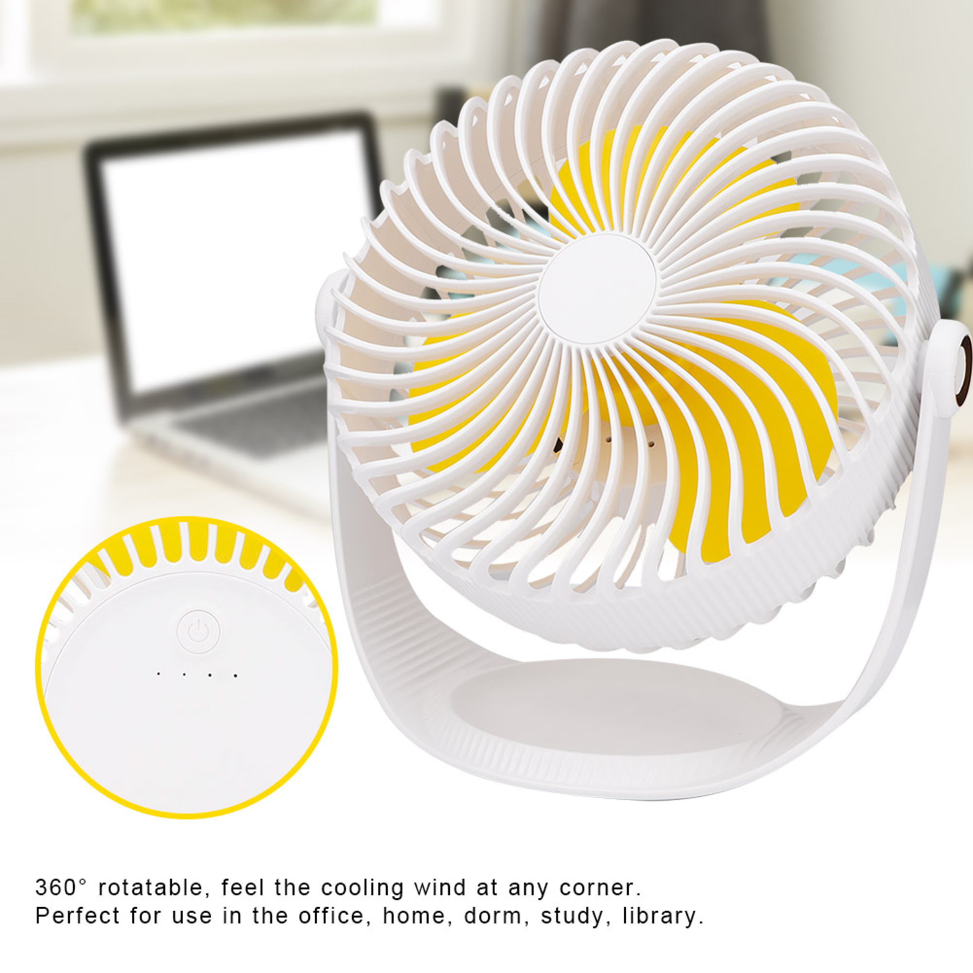 Ein weißer Ventilator mit gelben Rotorblättern steht auf einem Schreibtisch.
