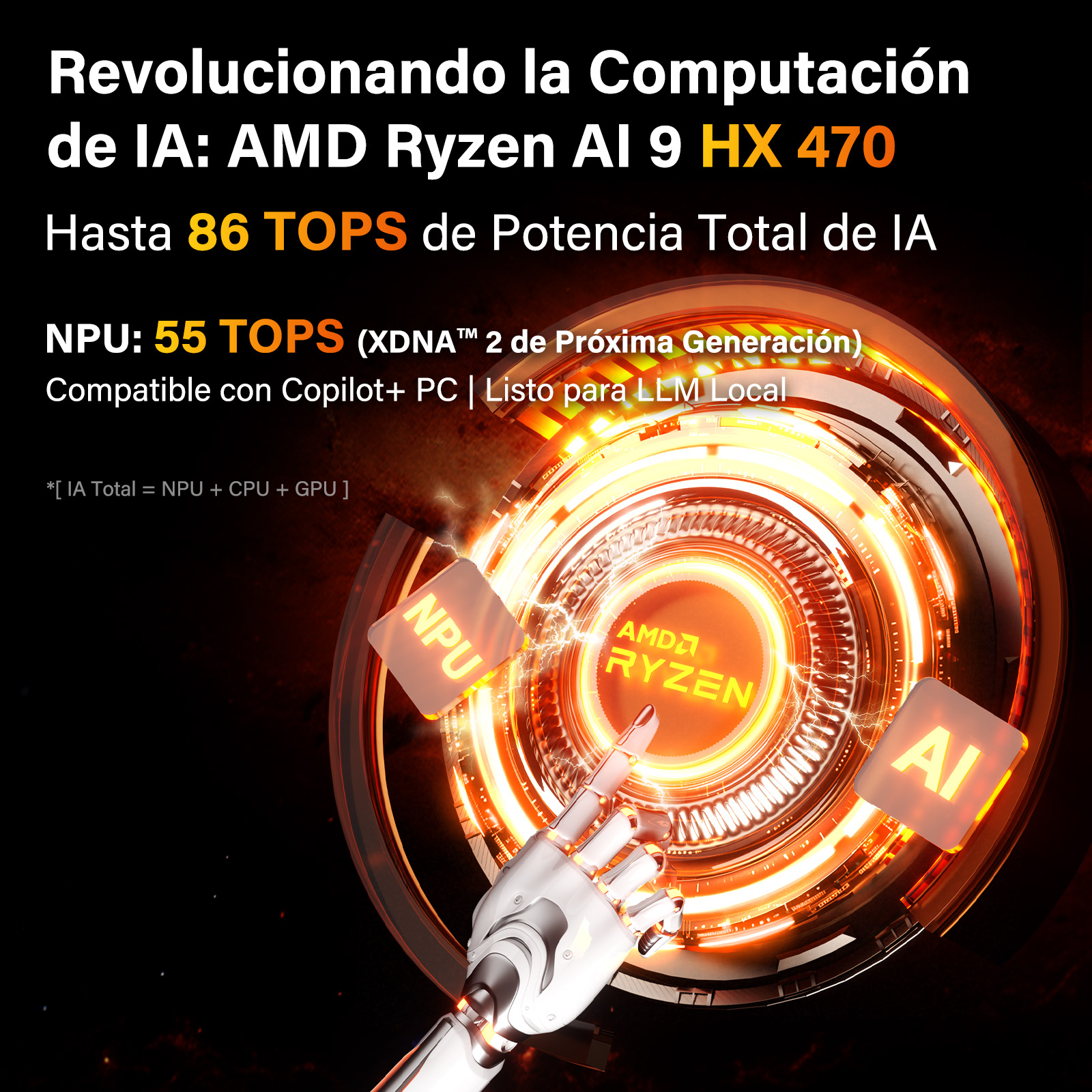 Procesador AMD Ryzen AI 9 HX 470 con 86 TOPS de IA. Incluye chips NPU y AI.