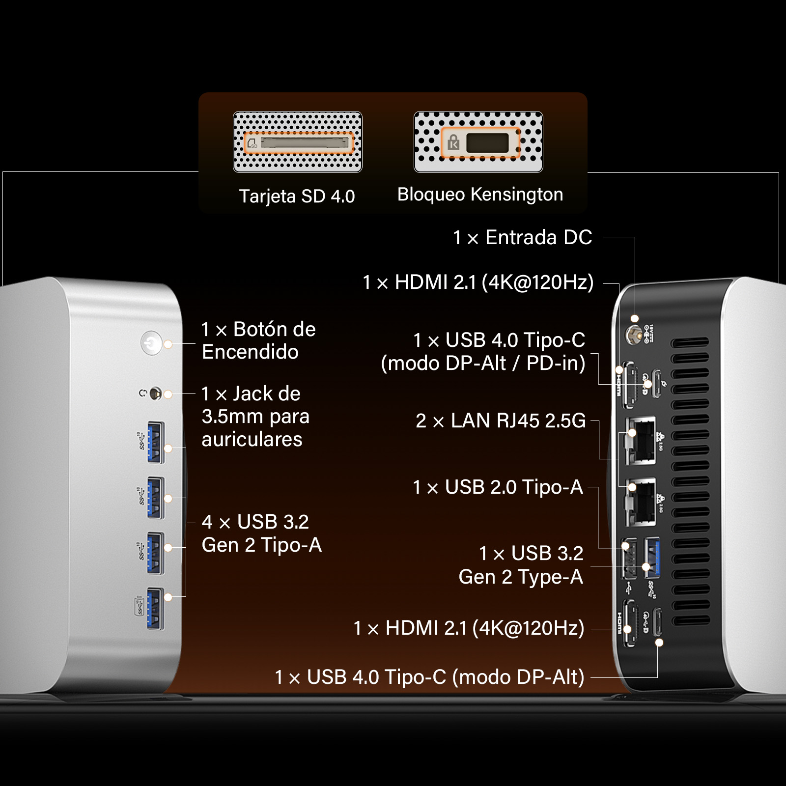 Un dispositivo plateado que muestra puertos: tarjeta SD, Kensington, CC, HDMI, USB-A y USB-C.