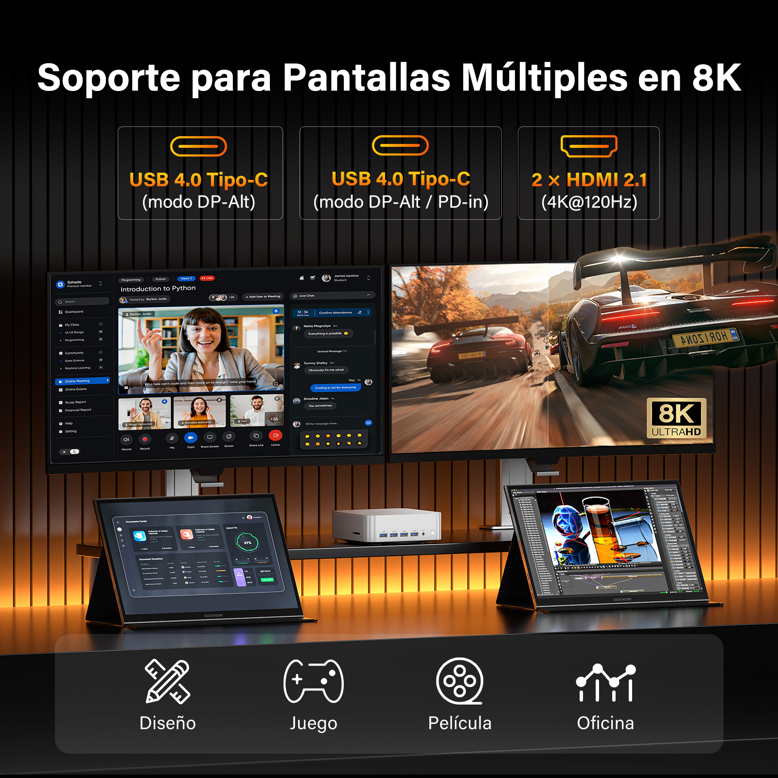 Múltiples pantallas 8K con USB-C y HDMI 2.1, mostrando juego, videollamada y software de diseño.