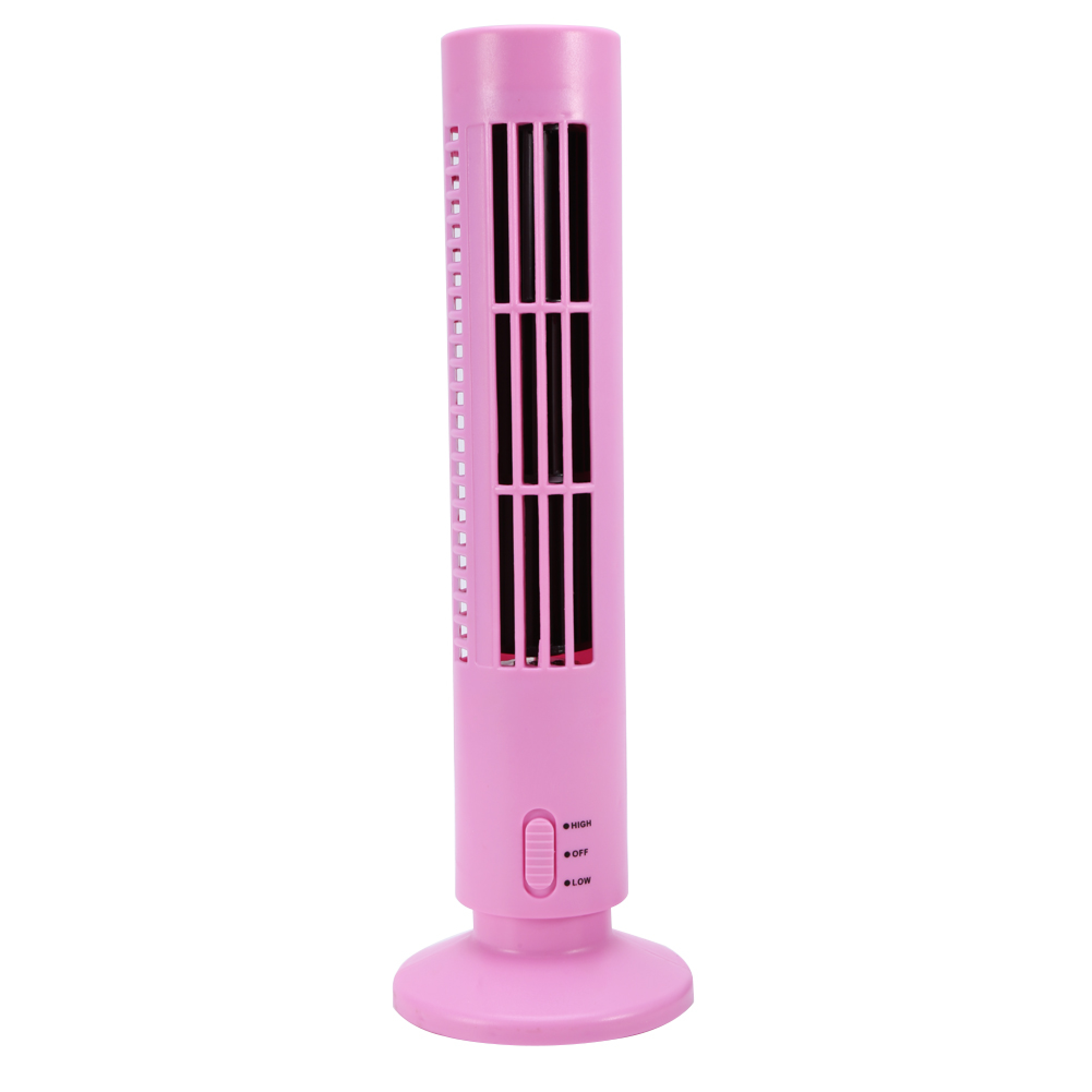 Ein kleiner, pinker Turmlüfter mit Lüftungsschlitzen und einem Schalter.
