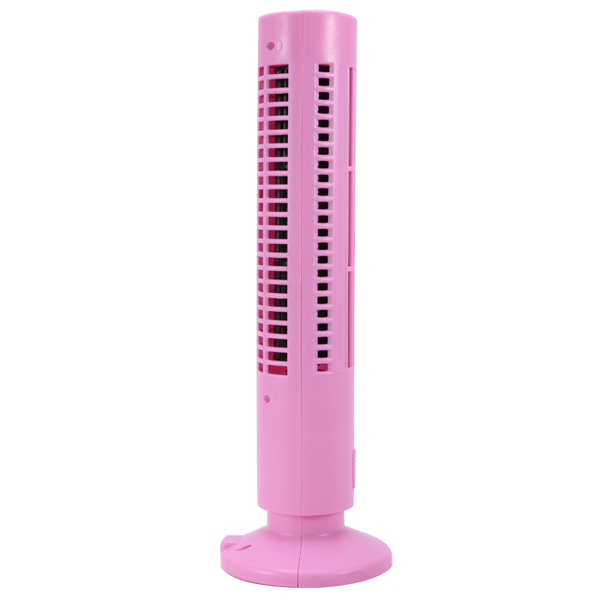 Ein schmaler, pinker Turmlüfter mit einem runden Sockel und Lüftungsschlitzen.