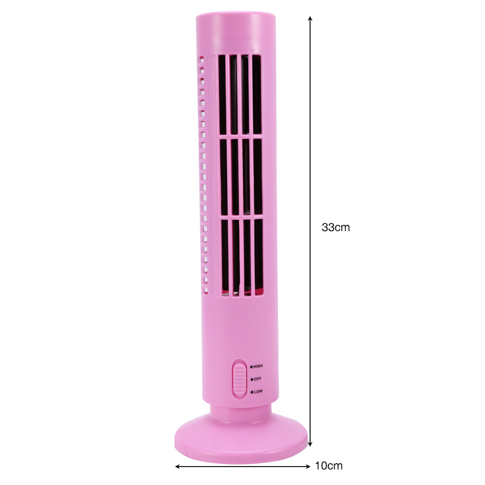 Ein pinker zylindrischer Ventilator mit Sockel, Schalter und Maßen 33cm x 10cm.