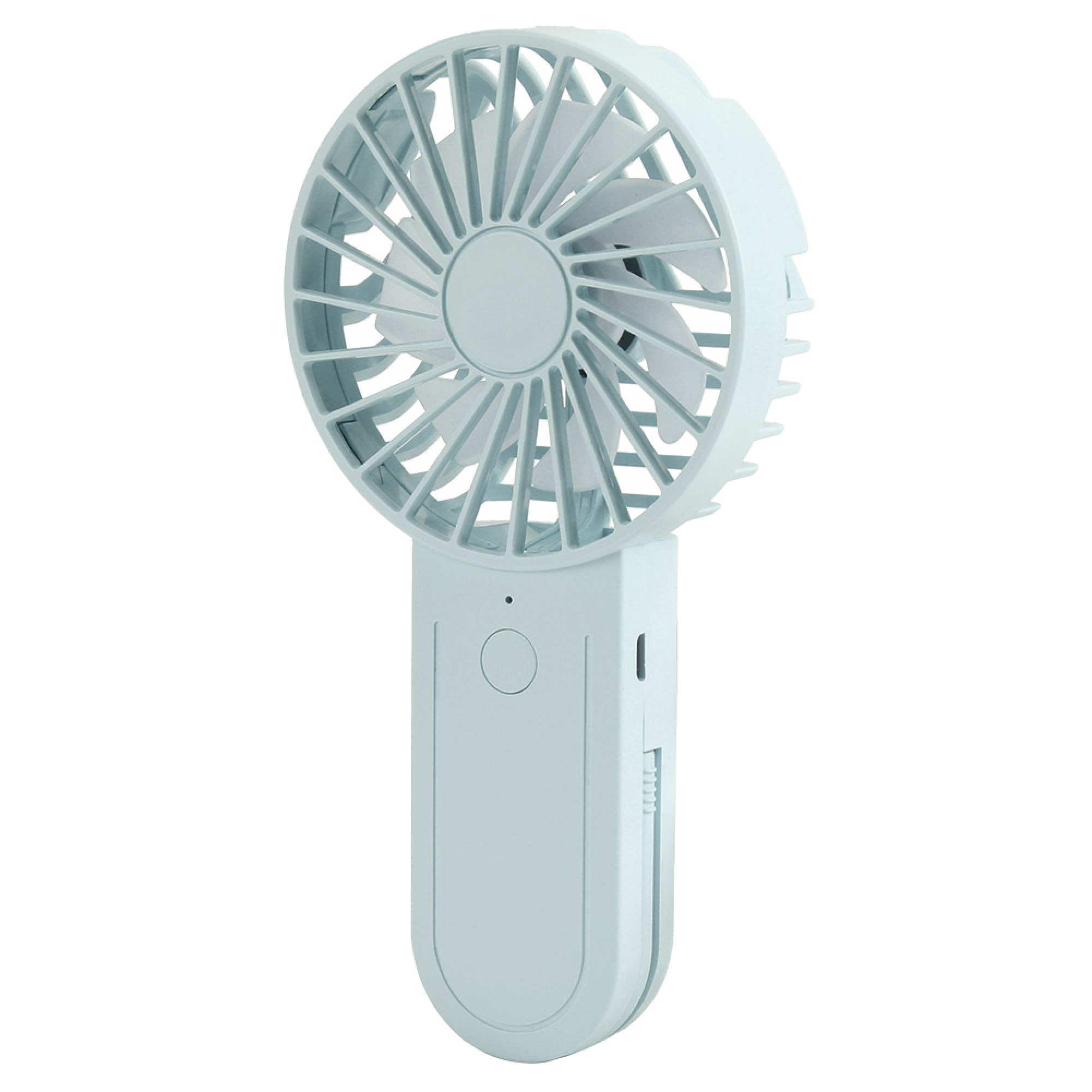 Ein hellblauer tragbarer Ventilator mit rundem Kopf und Griff.