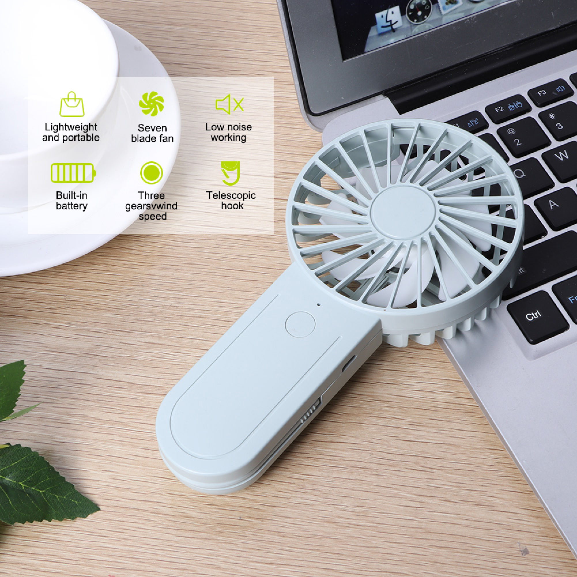 Ein leichter, tragbarer Ventilator mit sieben Blättern und geringem Geräuschpegel.