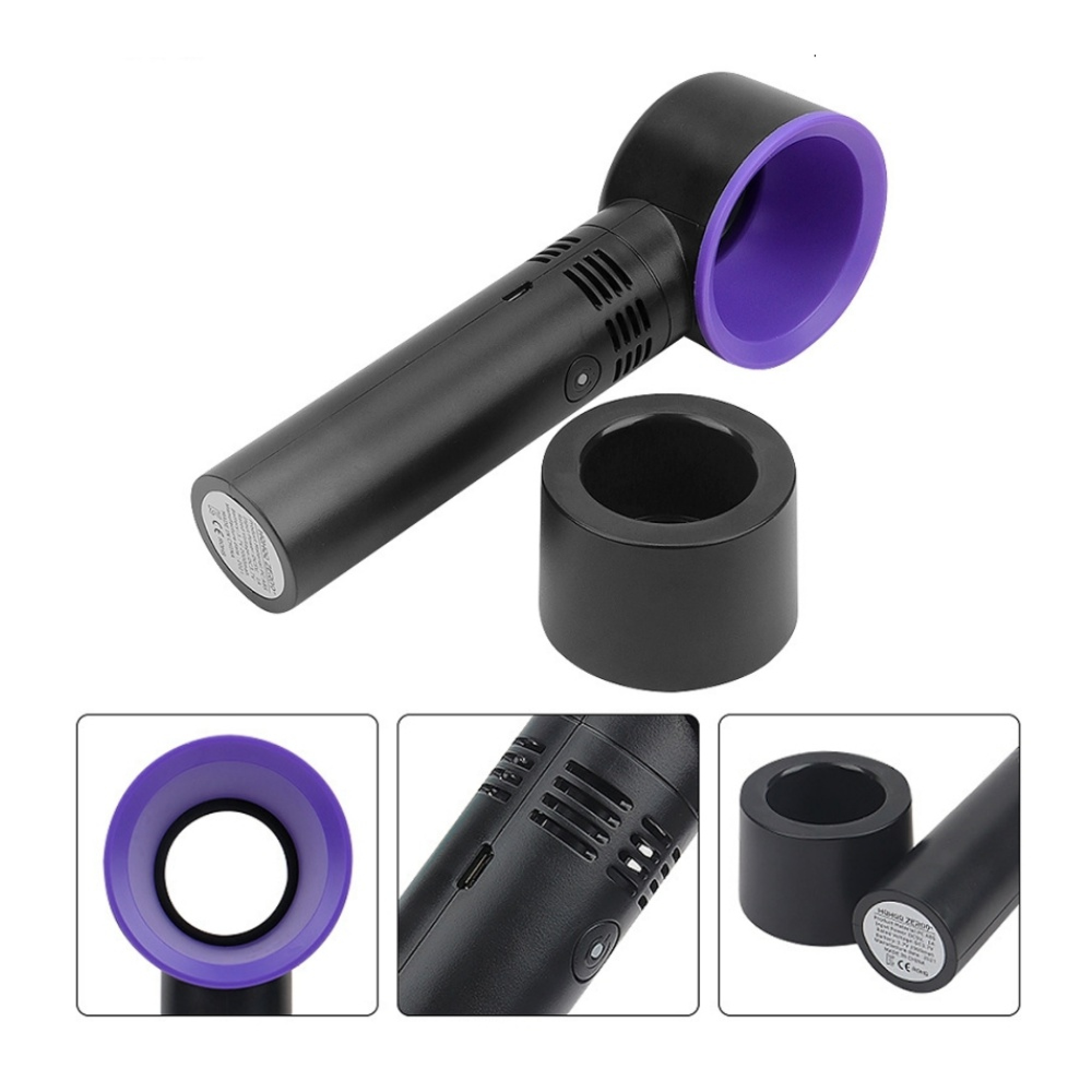 Ein schwarzer Föhn mit violettem Rand und eine Ladebasis auf weißem Hintergrund.