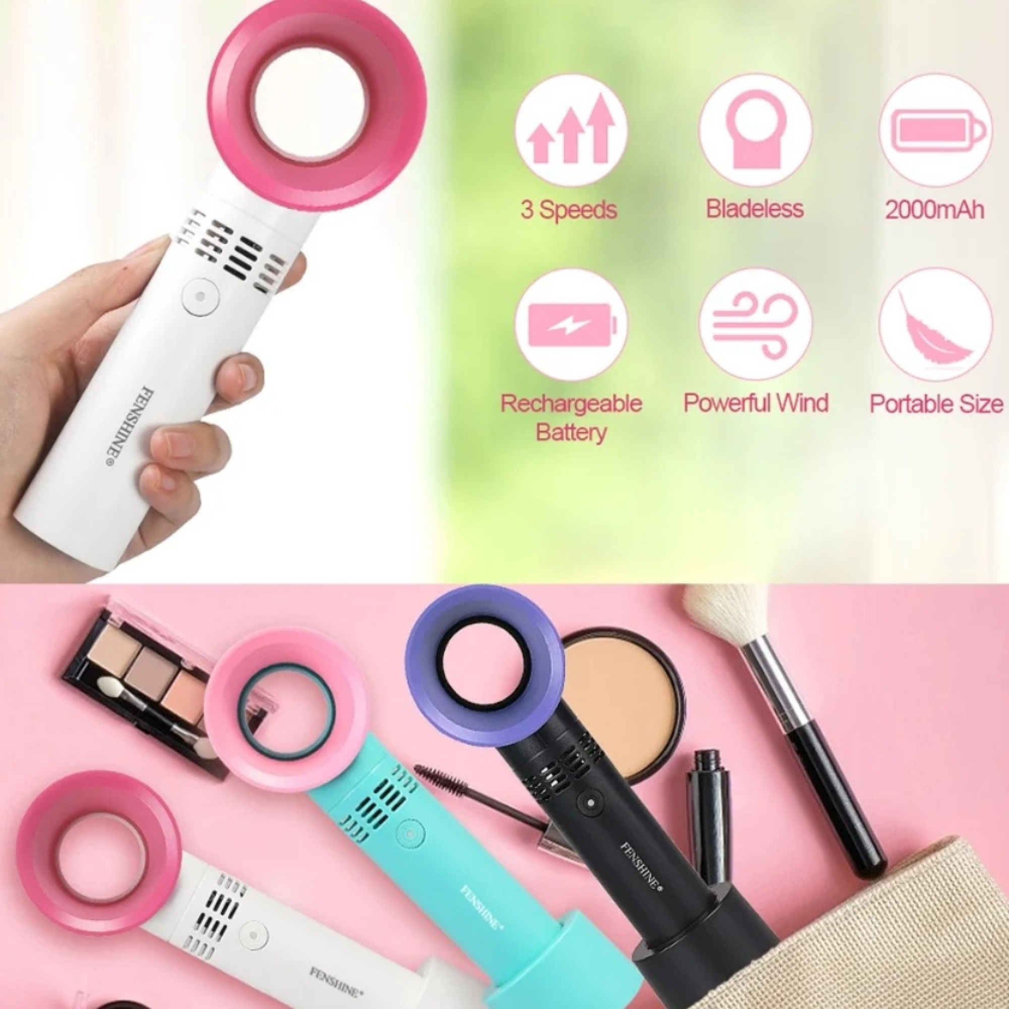 Handgehaltener weißer Lüfter mit rosa Mundstück, Kosmetik-Layout daneben.