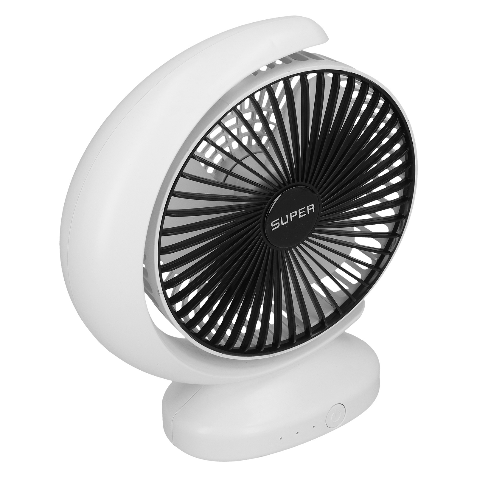 Ein weißer Tischventilator mit schwarzem Rotor und dem Schriftzug SUPER.