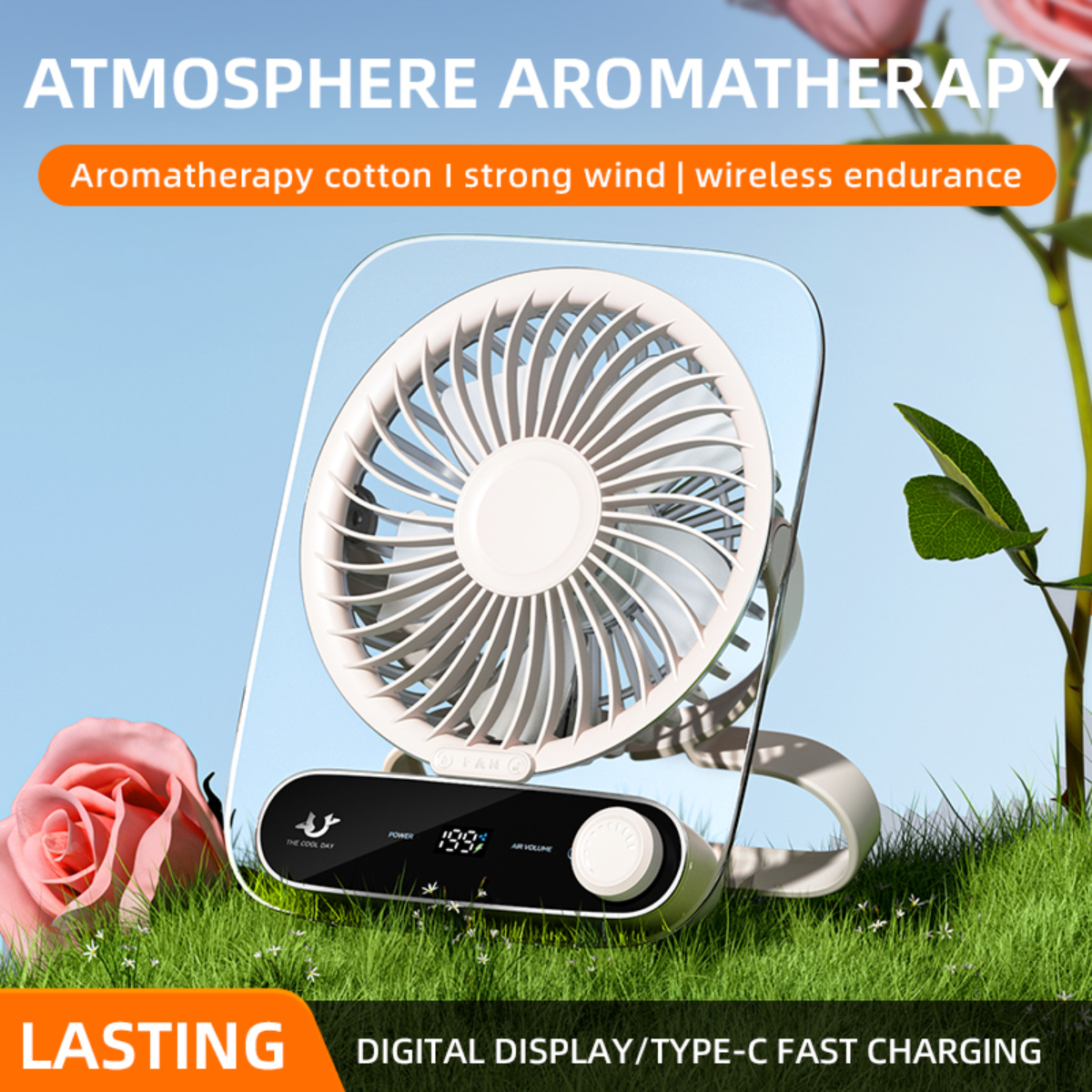 Ein weißer tragbarer Ventilator mit digitaler Anzeige steht auf Gras neben einer rosa Rose.