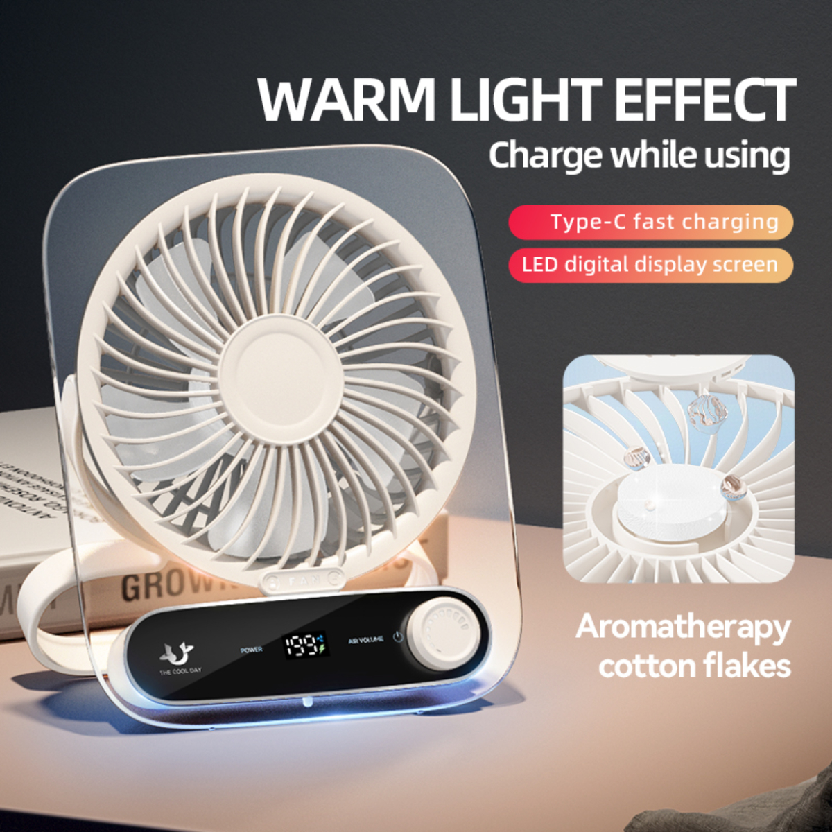 Ein weißer Ventilator mit warmem Lichteffekt, Typ-C-Schnellladung und LED-Anzeige.