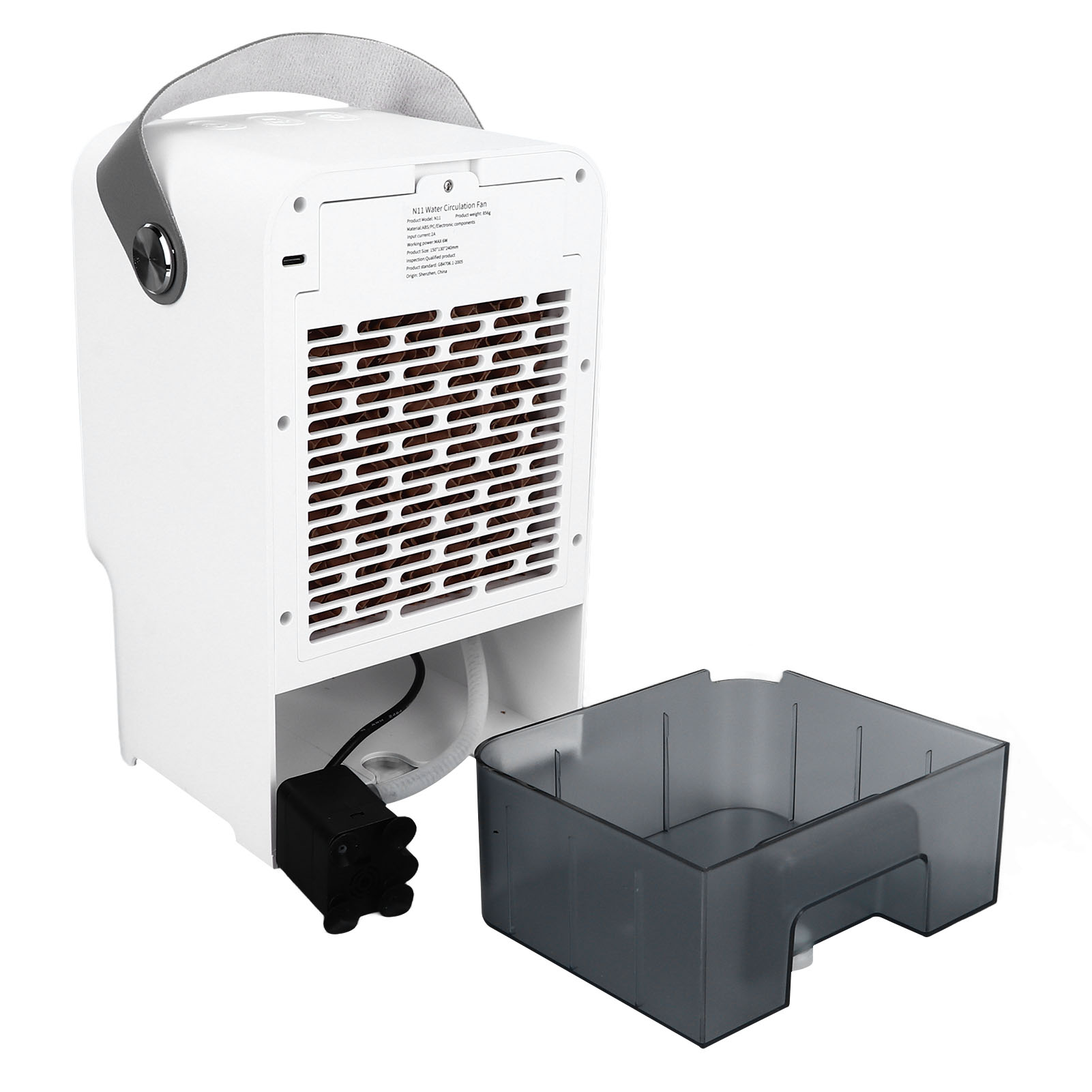 Ein weißer Ventilator mit einem dunklen Wassertank daneben.