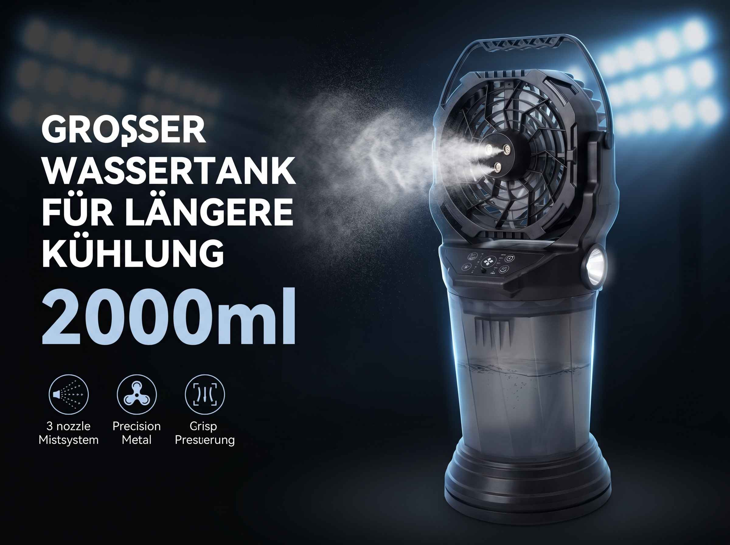 Ein schwarzer Nebellüfter mit 2000ml Wassertank und LED-Beleuchtung.